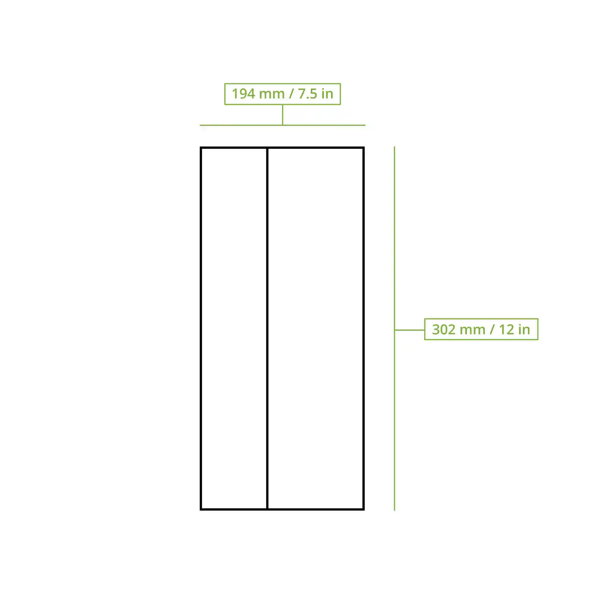 Schematische Zeichnung einer Burritotasche mit den Abmessungen 194 mm x 302 mm auf einem schlichten Hintergrund.