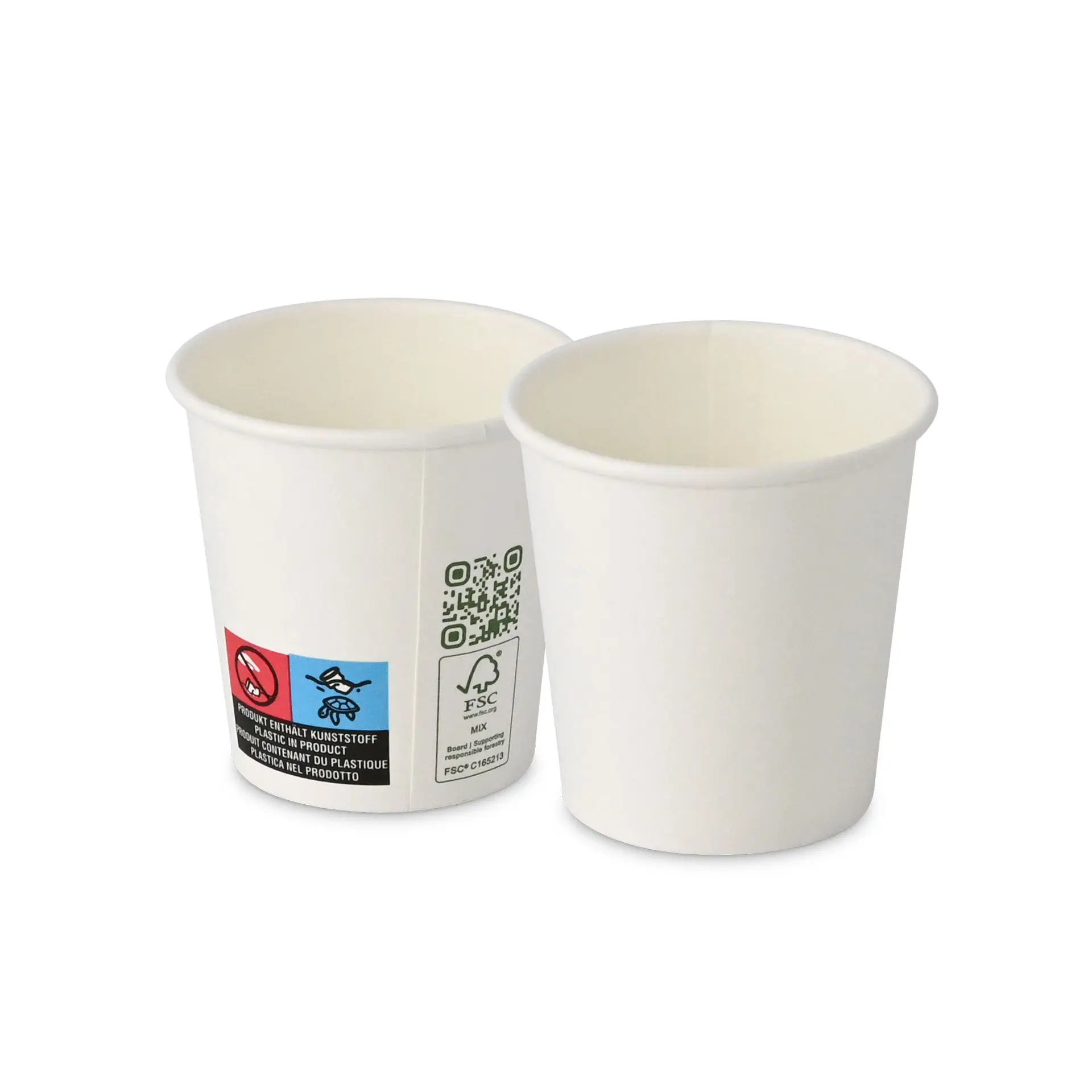 White paper cup, 100 ml capacity, single wall, with a diameter of 62 mm, showing labels and symbols on the side.