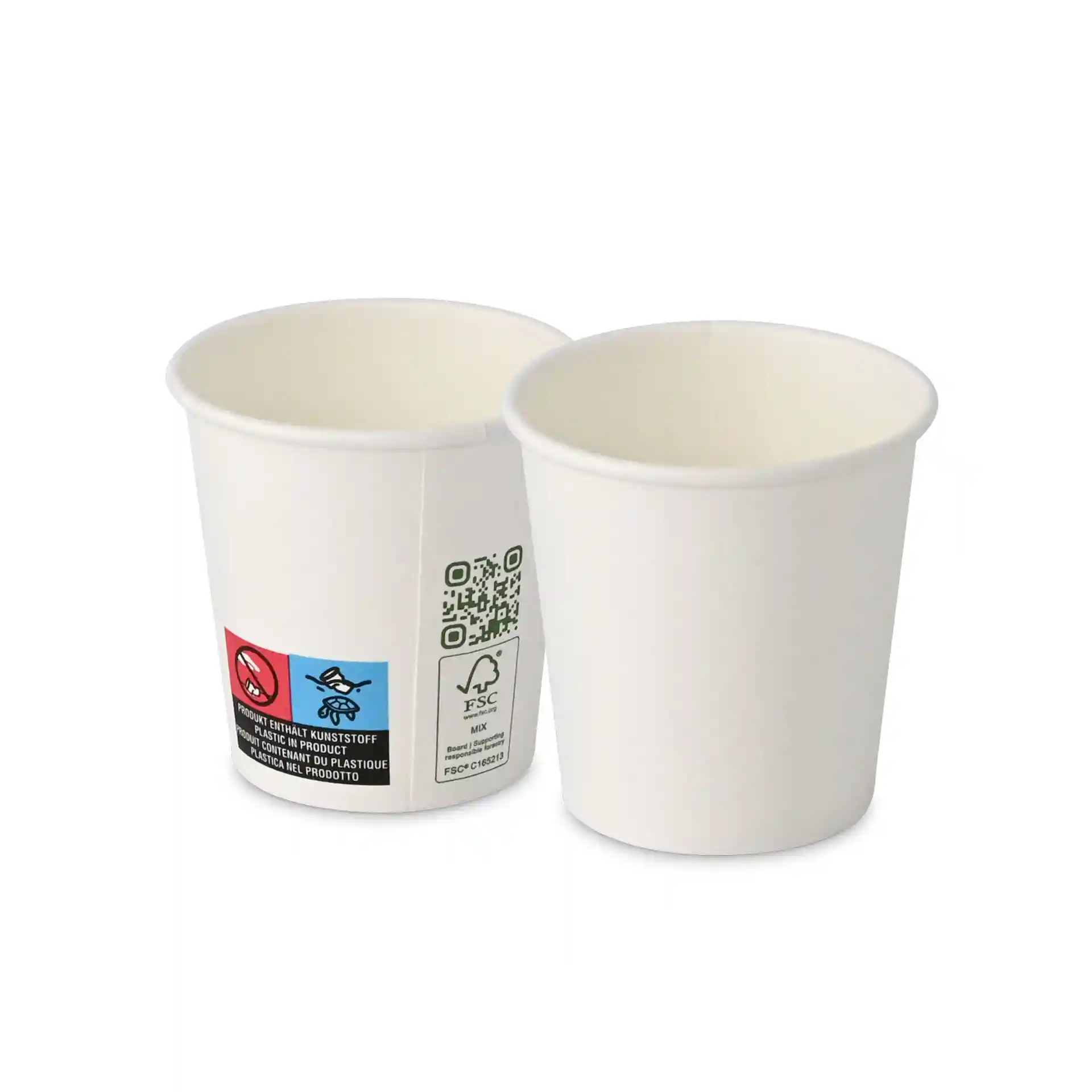 Weißer Becher, 100 ml Fassungsvermögen, einwandig, mit einem Durchmesser von 62 mm, mit Etiketten und Symbolen an der Seite.