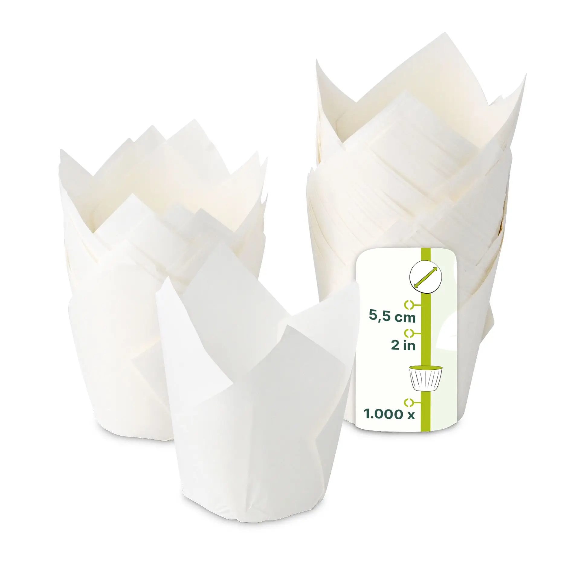 Paper muffin cups made from greaseproof paper, 5.5 cm diameter, in white, stacked with packaging label visible.