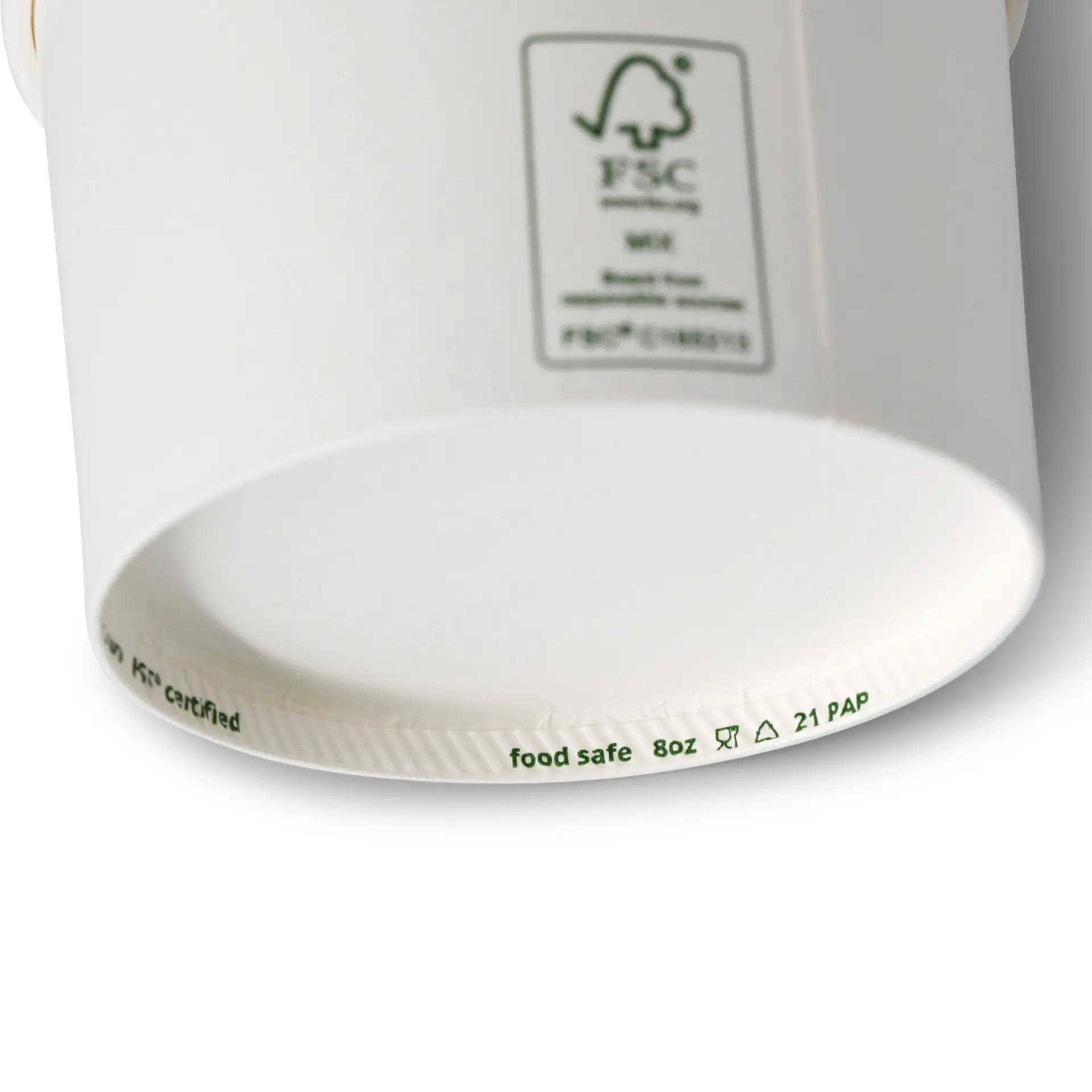 One white paper ice cream cup with a water-based barrier; features labels indicating FSC certification and food safety.