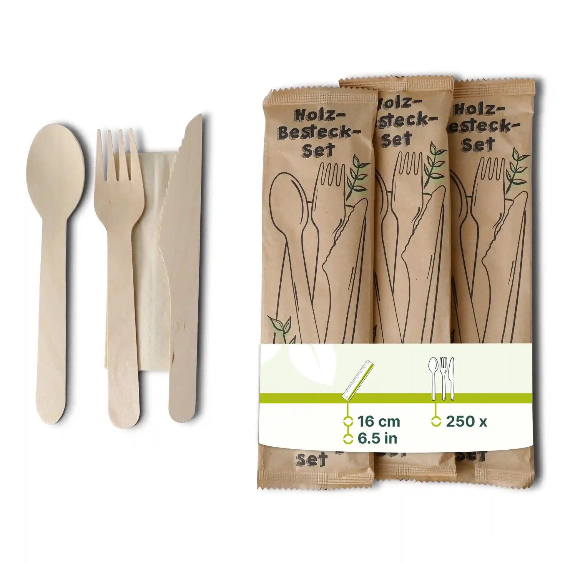 Set of wooden cutlery including a spoon, fork, knife, and napkin, packaged in a brown wrapper.