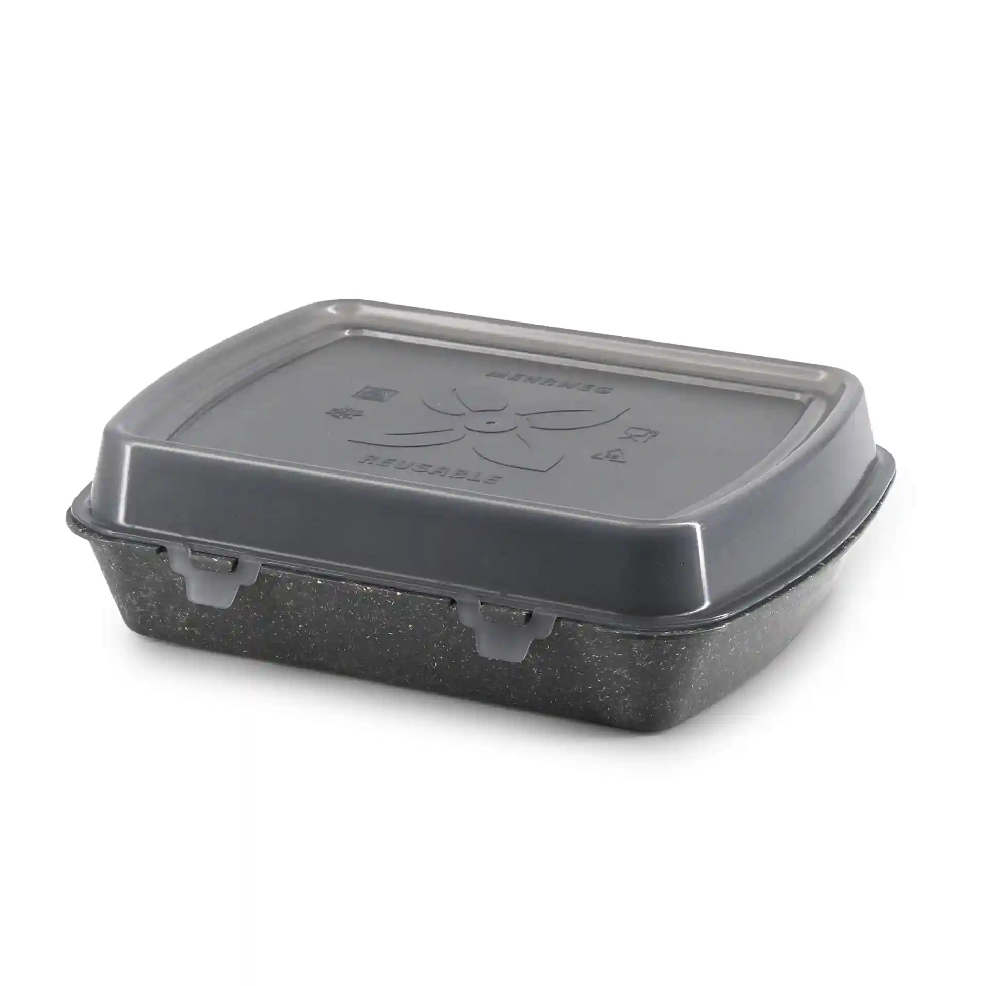 Reusable grey menu container with a lid, rectangular shape, dimensions 24.5 x 20 x 4.5 cm.