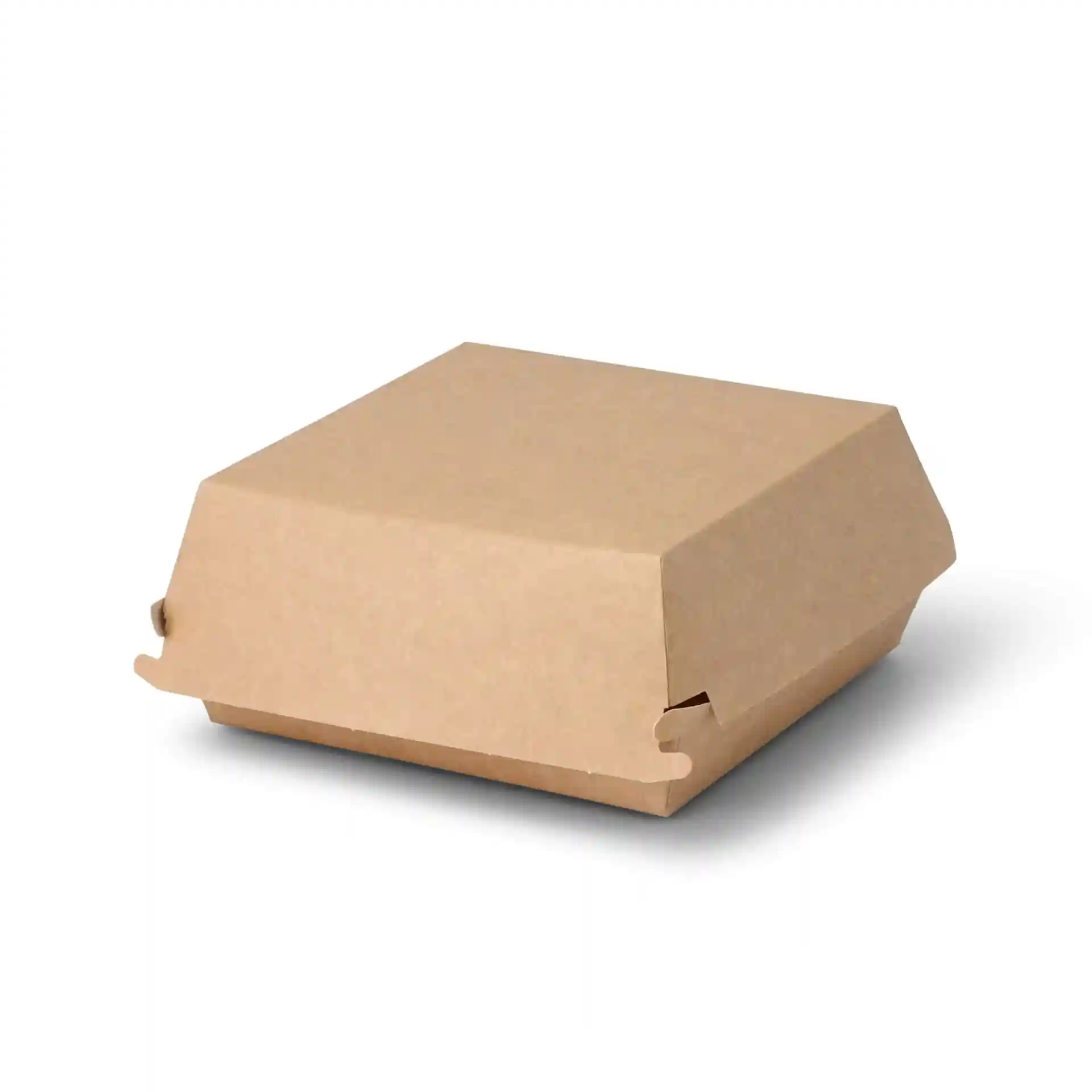 Braune quadratische Takeaway-Burgerbox aus Karton, 14,5 x 14,5 x 8 cm groß.