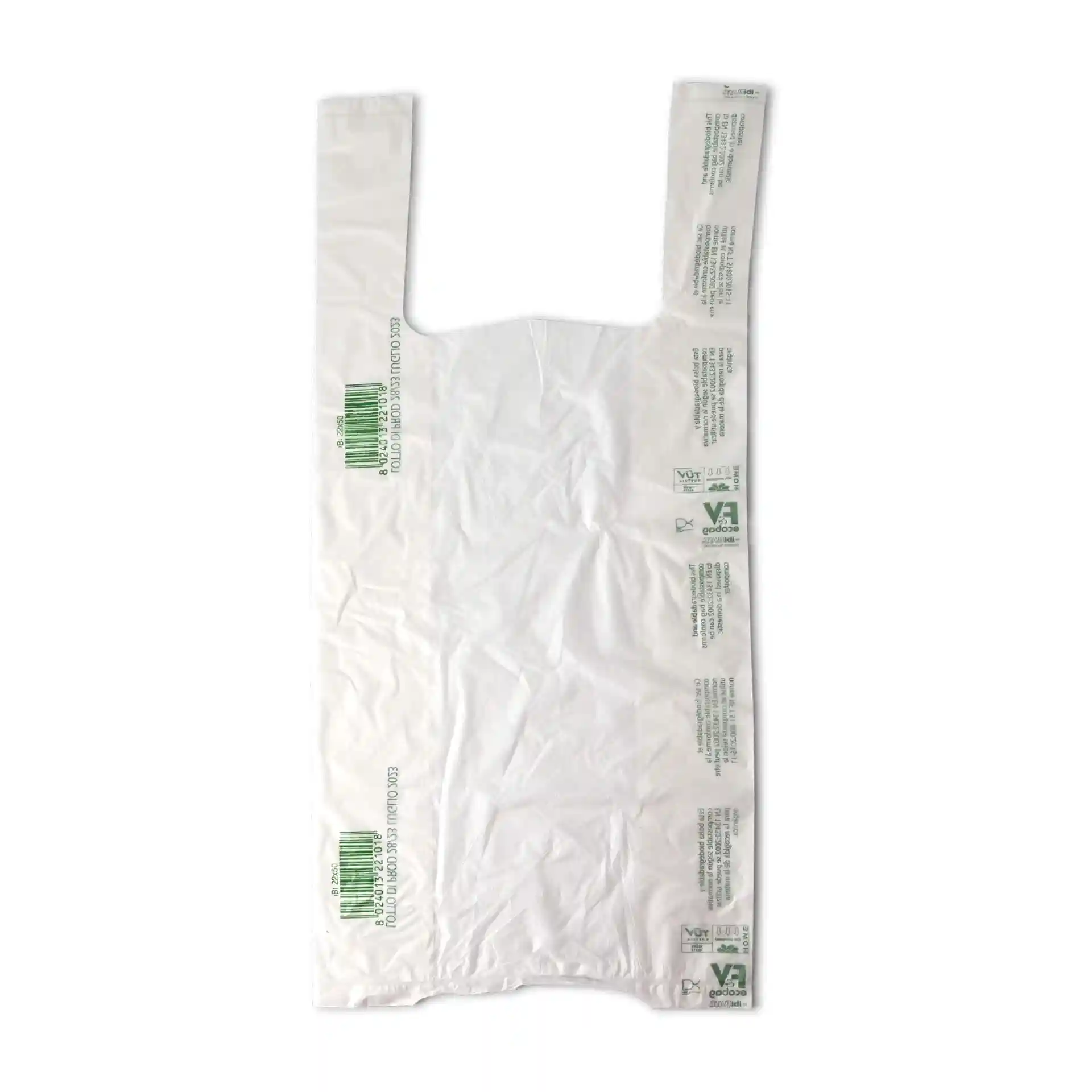 White plastic bag with handles, dimensions 22 x 13 x 50 cm, printed design, rolled packaging with 200 pieces.