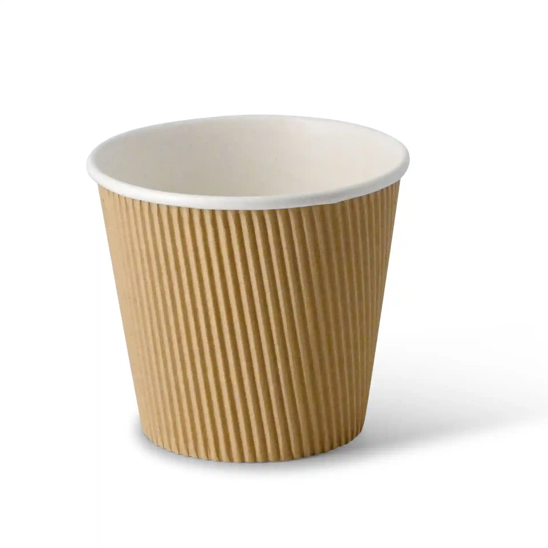 Brauner gerippter Pappbecher für Suppe mit weißem Innenraum, 19 oz Kapazität, runde Form und sichtbarem Rippendesign.