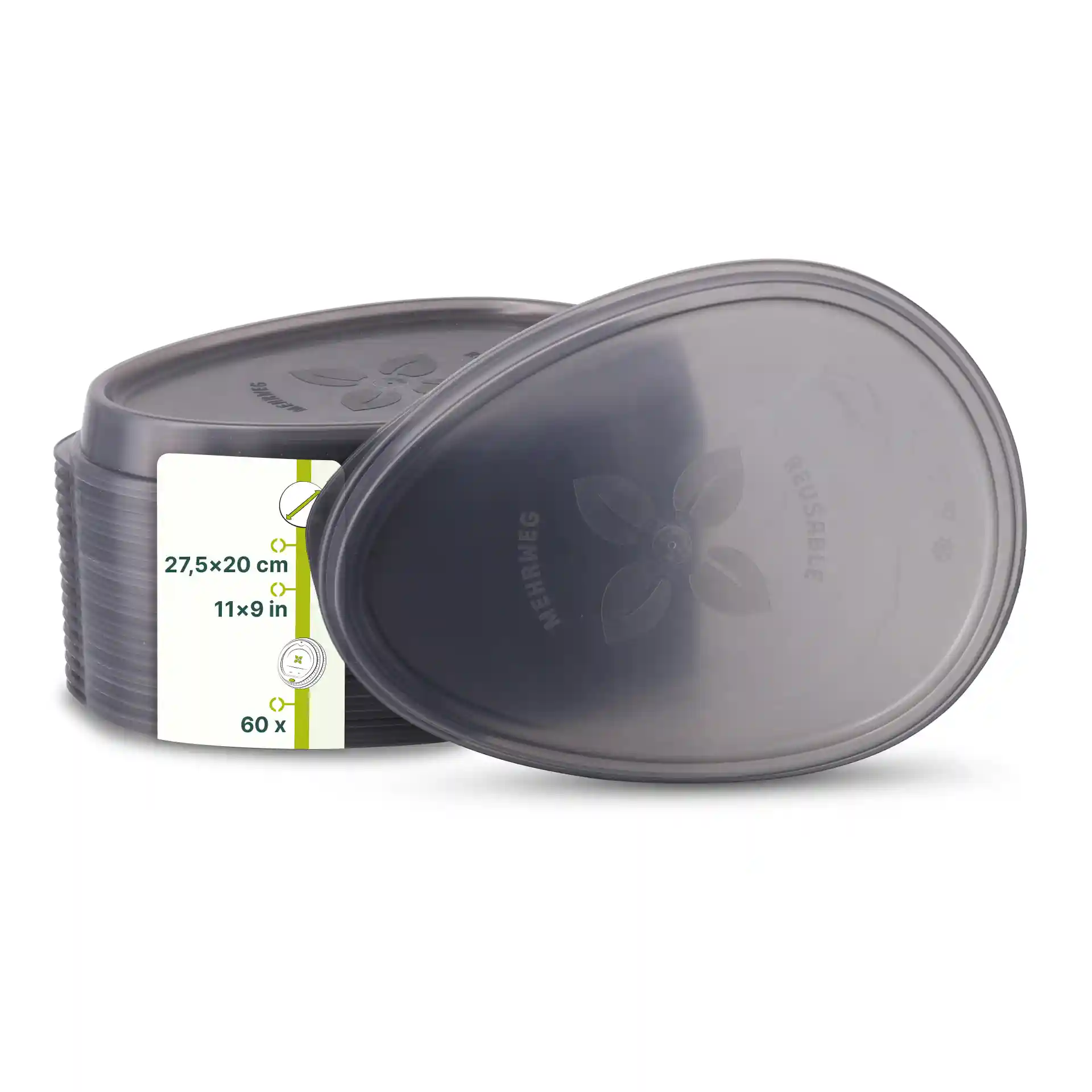 Grey reusable oval lid made of PP, dimensions 27.5 x 20 cm, with a label showing product details.