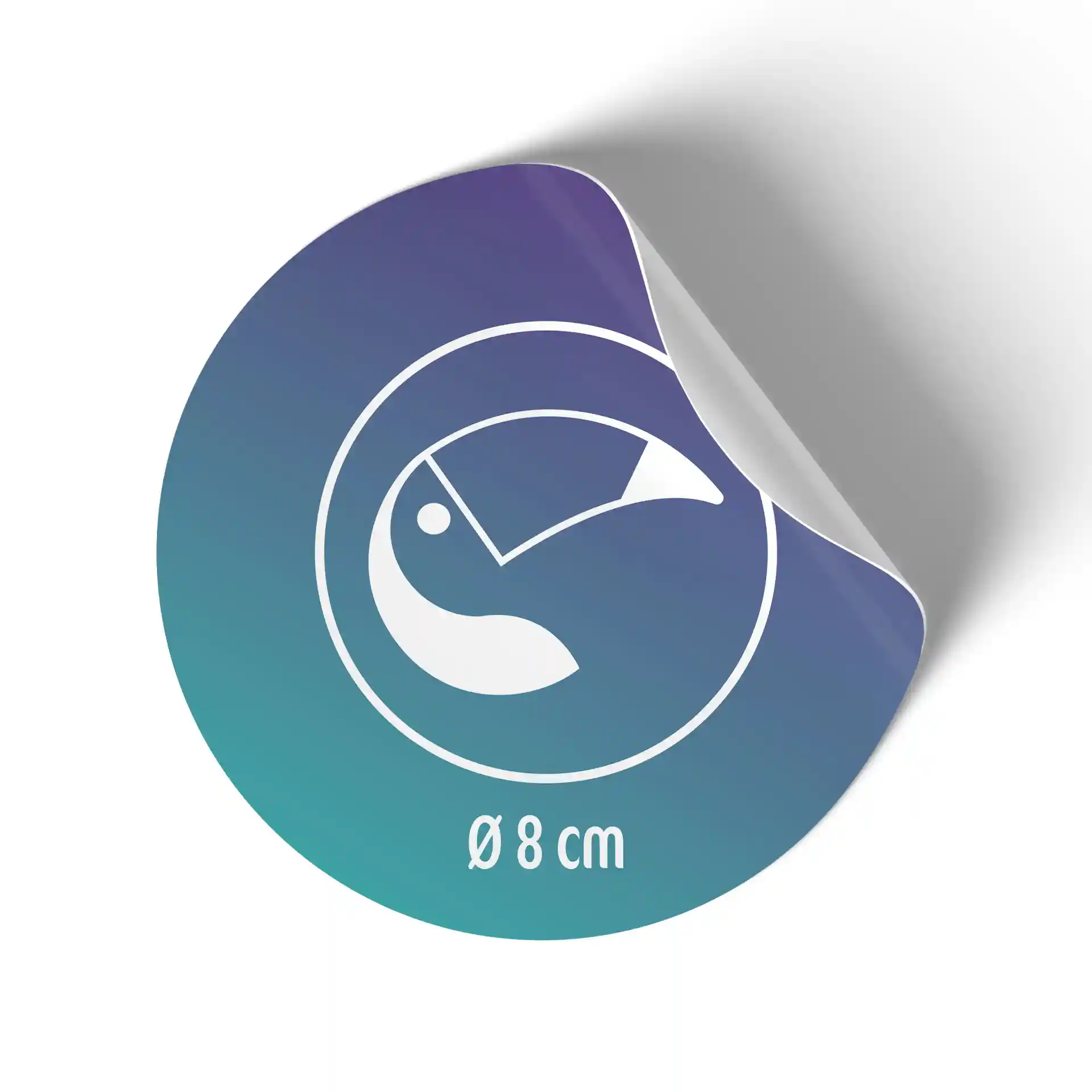 Round printed label with a white glossy finish, measuring 8 cm in diameter, partially peeled back.
