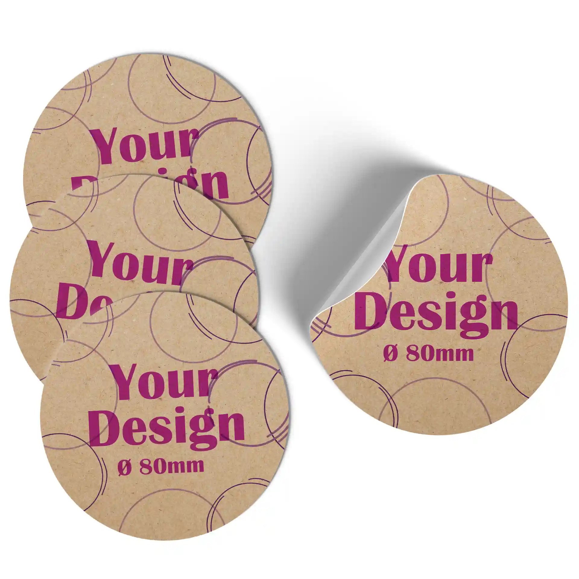 Round printed labels made of brown kraft paper, measuring 80 mm in diameter, with a design featuring circles and text.