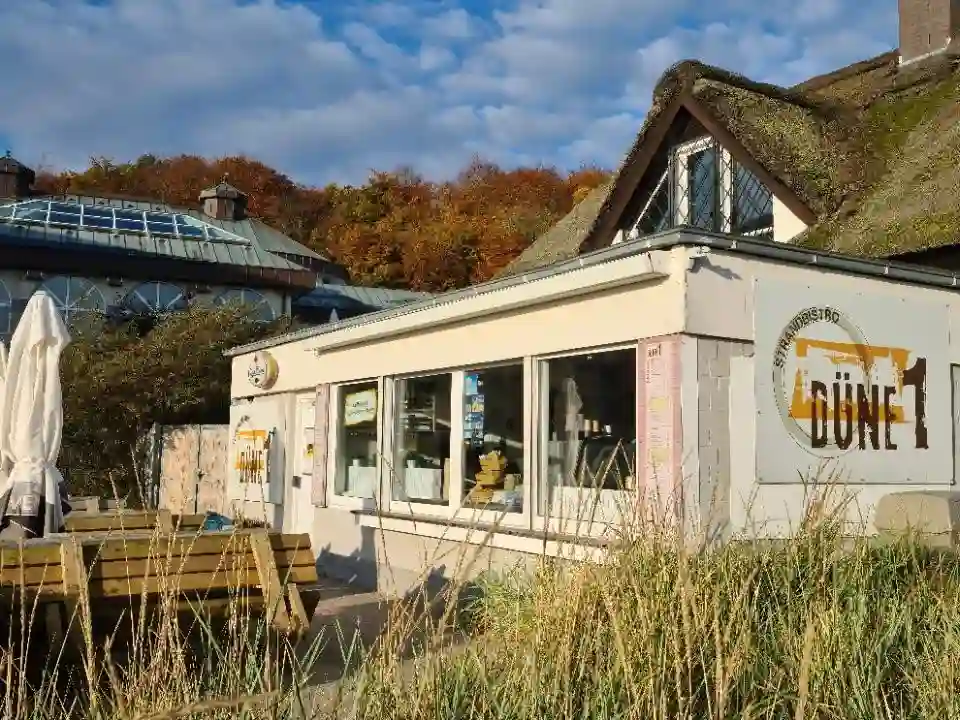 Exterior view of a building labeled "Düne 1" with large windows, surrounded by grass and a blue sky.
