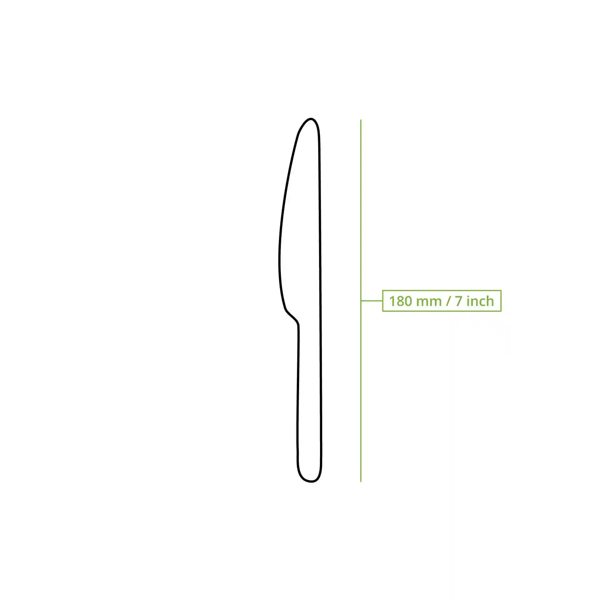 Schematic drawing of a brown reusable knife, 180 mm long, with a measurement line indicating its size.