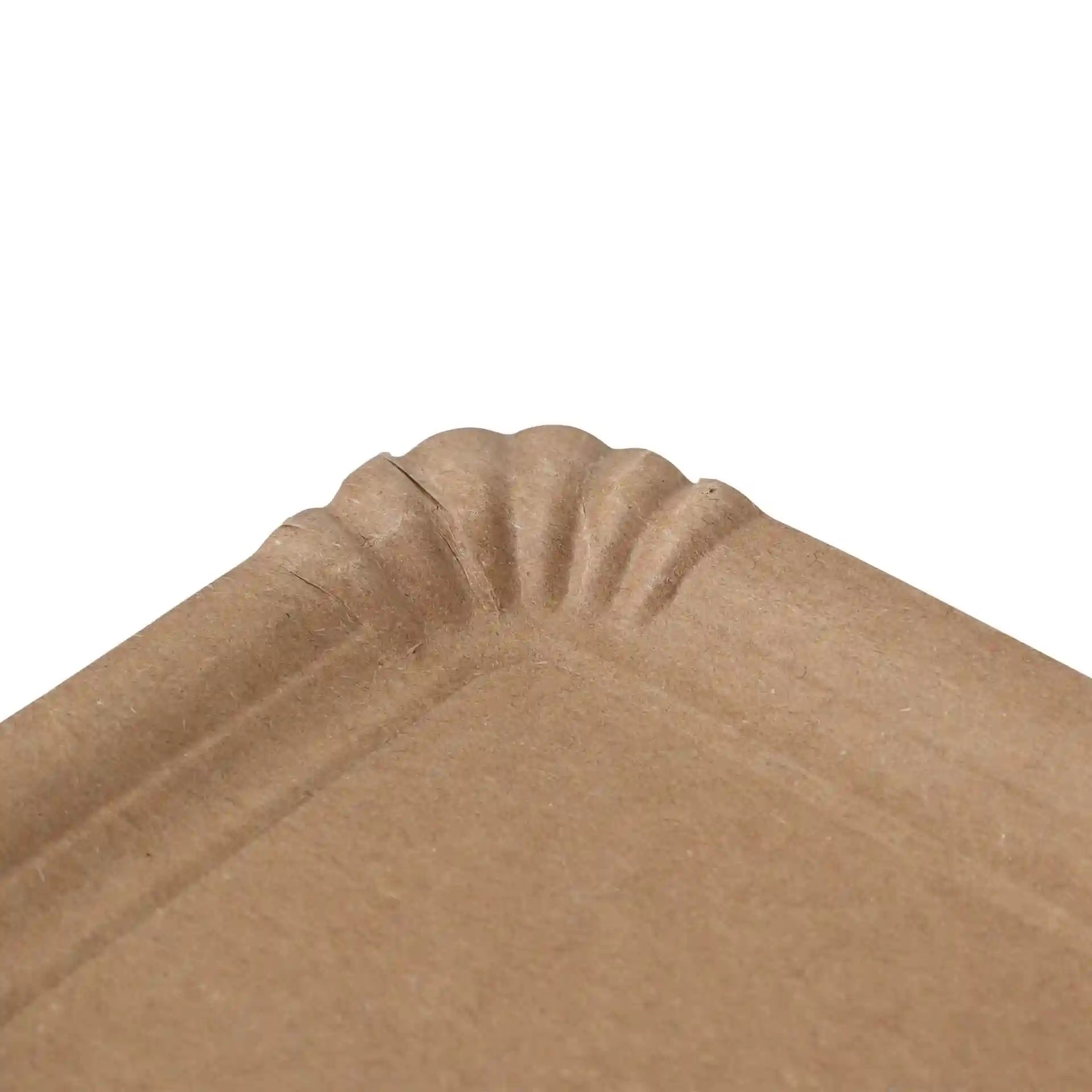 Close-up of a rectangular brown cardboard plate with a decorative edge.