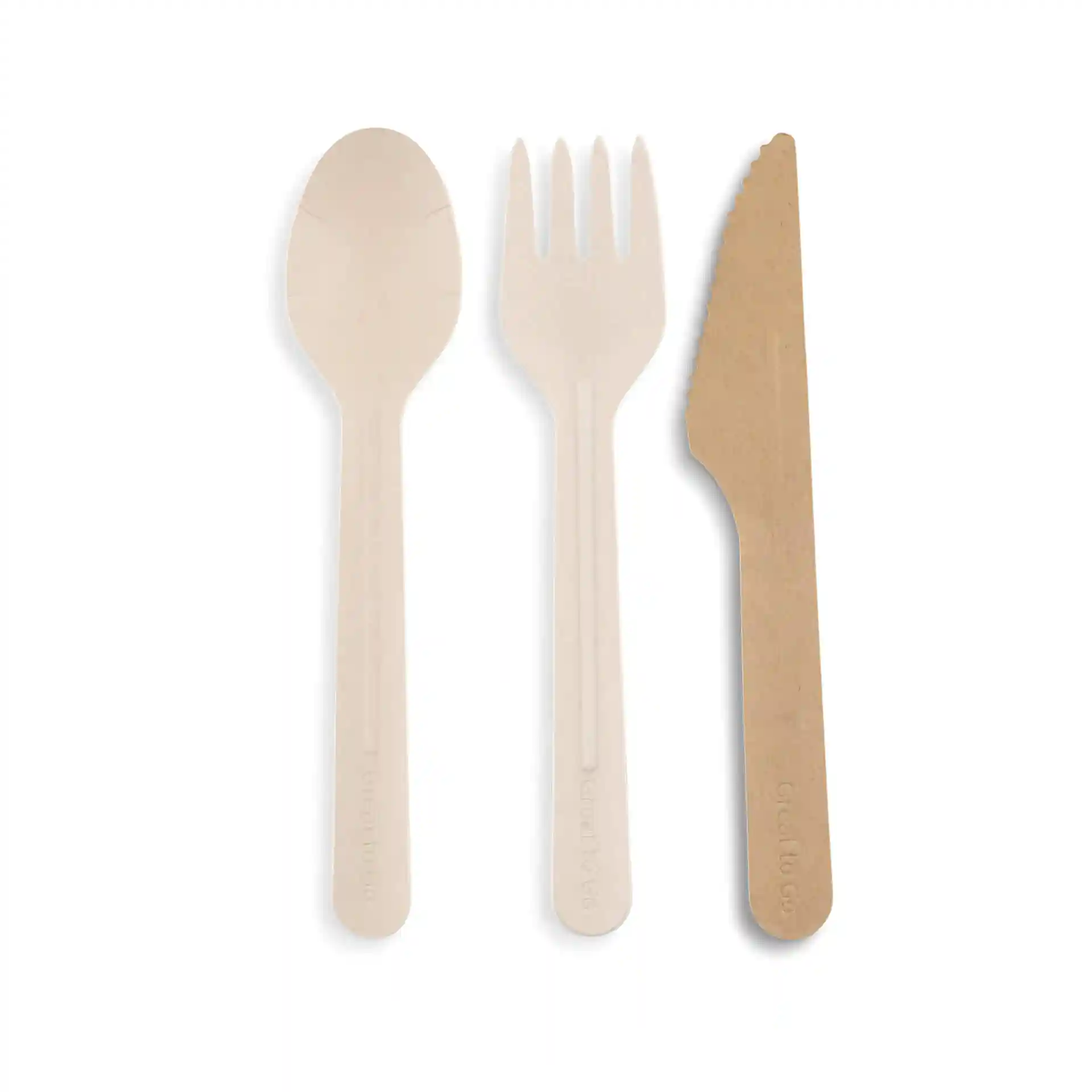 Set of three disposable utensils including a spoon, fork, and knife made of paper with a brown color.