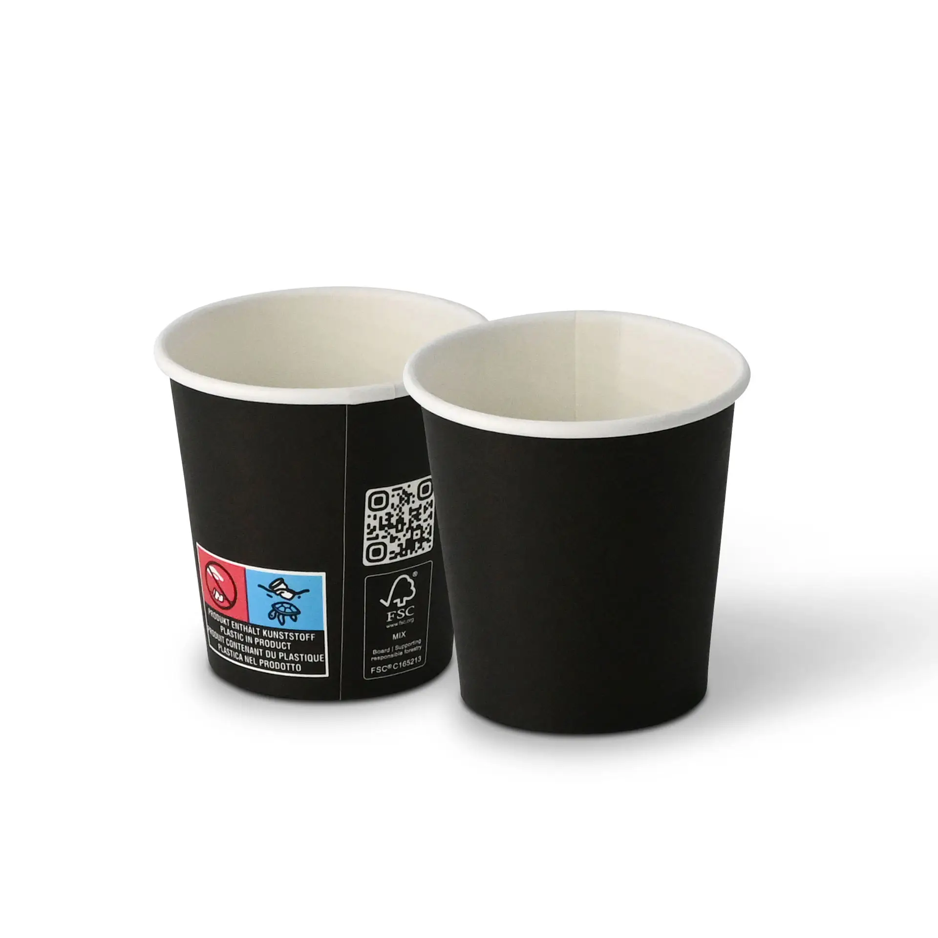 Schwarze Becher aus Papier mit PLA-Beschichtung, 100 ml Kapazität, einwandig, seitlich mit sichtbarem Innenraum gezeigt.