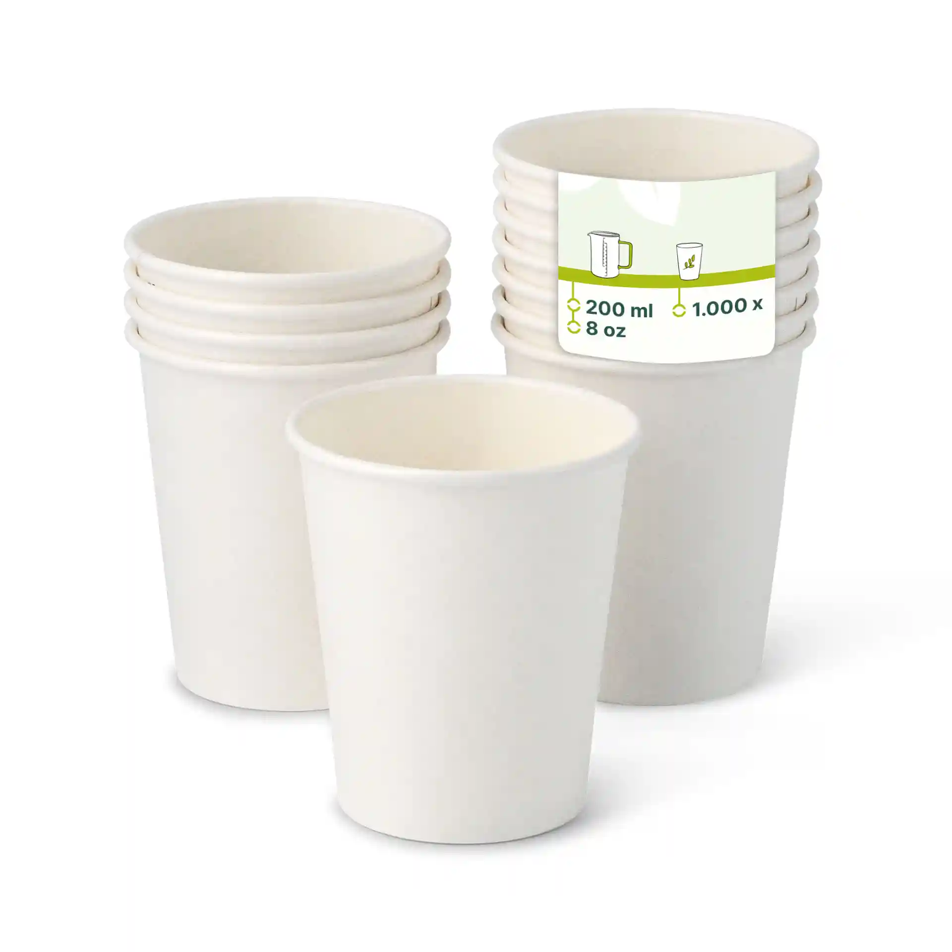 Weiße Becher gestapelt, ein Becher vorne mit einem Etikett für 200 ml und 8 oz Größe.