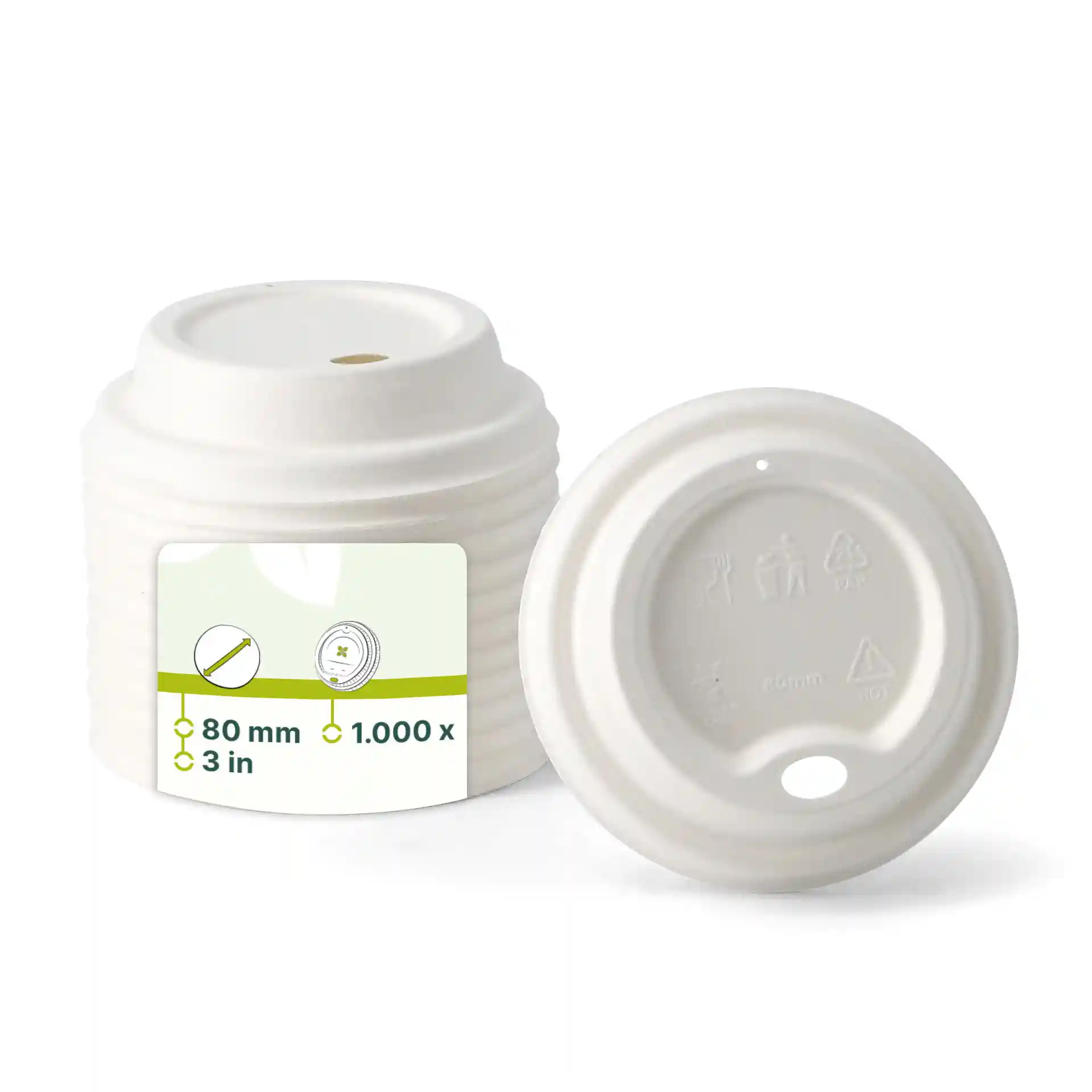 Weißer Zuckerrüben-Deckel für Papierbecher mit einem Durchmesser von 80 mm und einer Höhe von 22 mm, seitlich und von oben gezeigt.