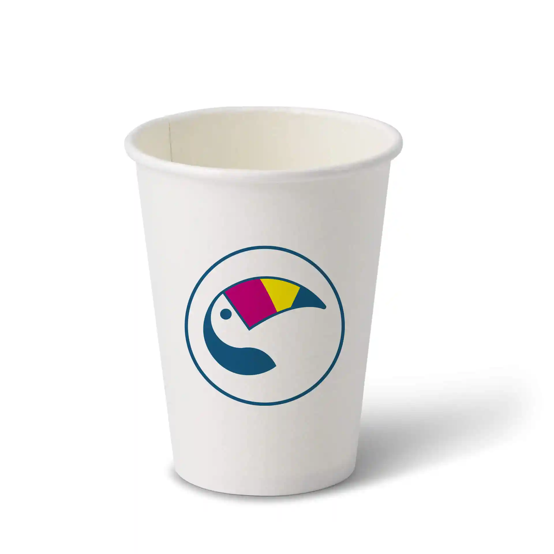 White paper cup with a round shape and a colorful toucan logo on the front.