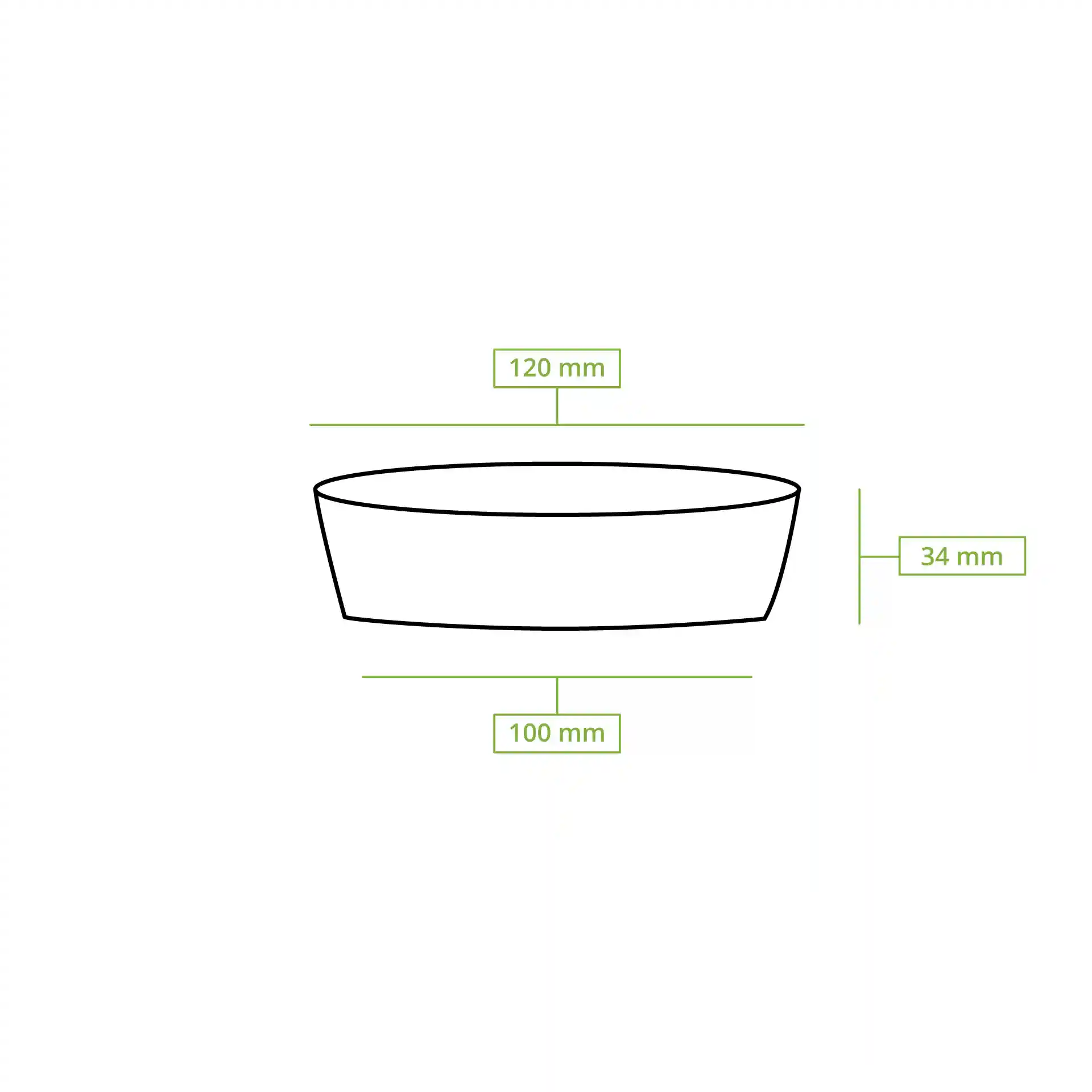 Schematic drawing of a round deli container with dimensions: 120 mm diameter, 34 mm height, and 100 mm bottom diameter.