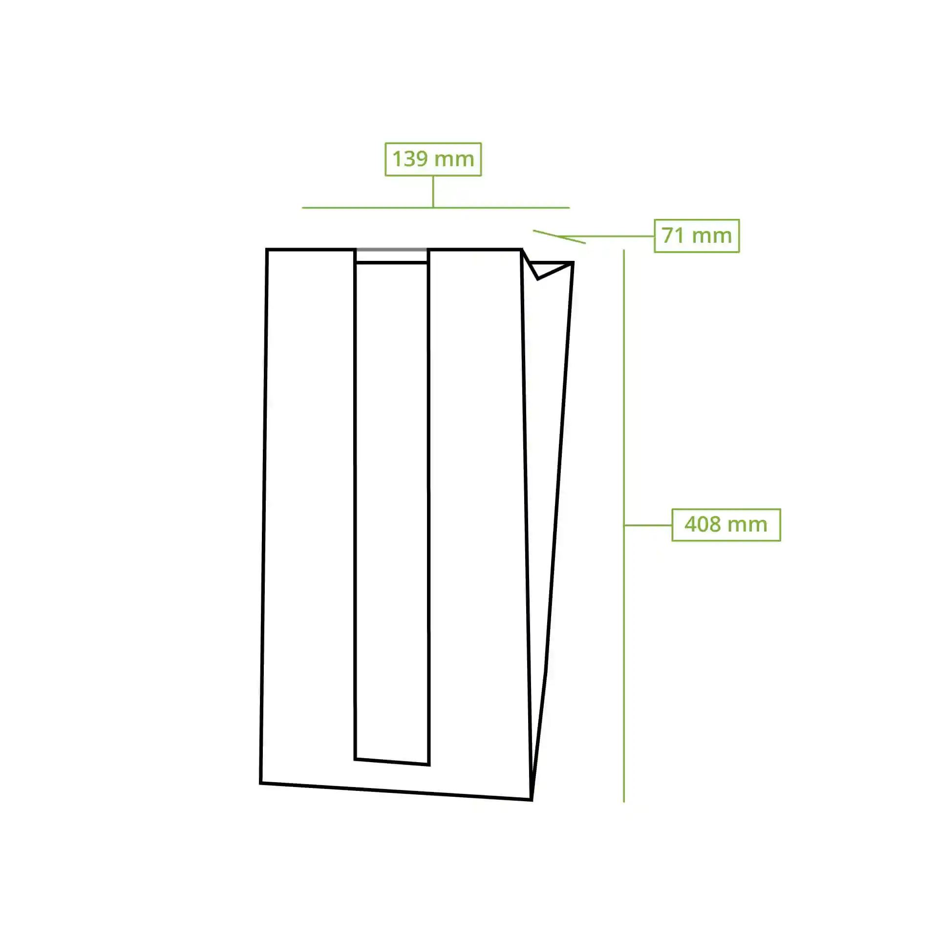 Schematic drawing of a flat paper bread bag with dimensions: 139 mm width, 71 mm depth, and 408 mm height.