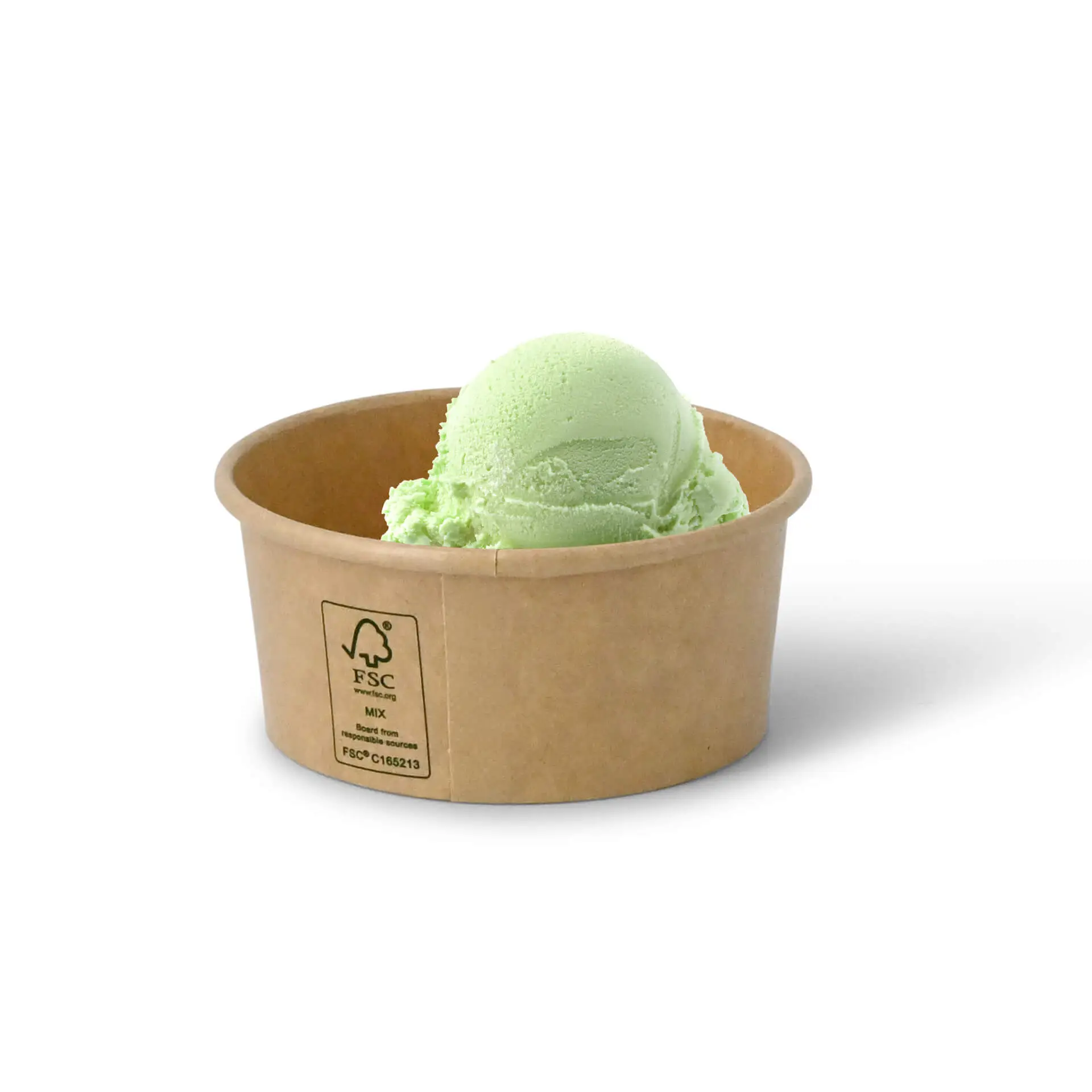 Green ice cream scoop in a brown paper cup with FSC certification and a water-based barrier.