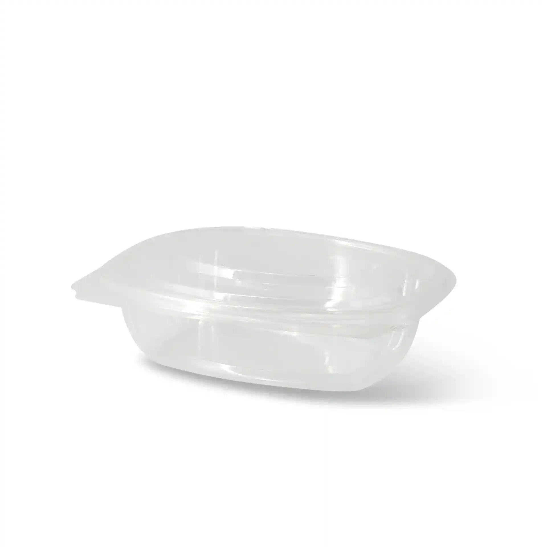Transparente rechteckige PLA-Deli-Schüssel mit einem faltbaren Deckel, Maße 159 mm Länge, 130 mm Breite und 42 mm Höhe.