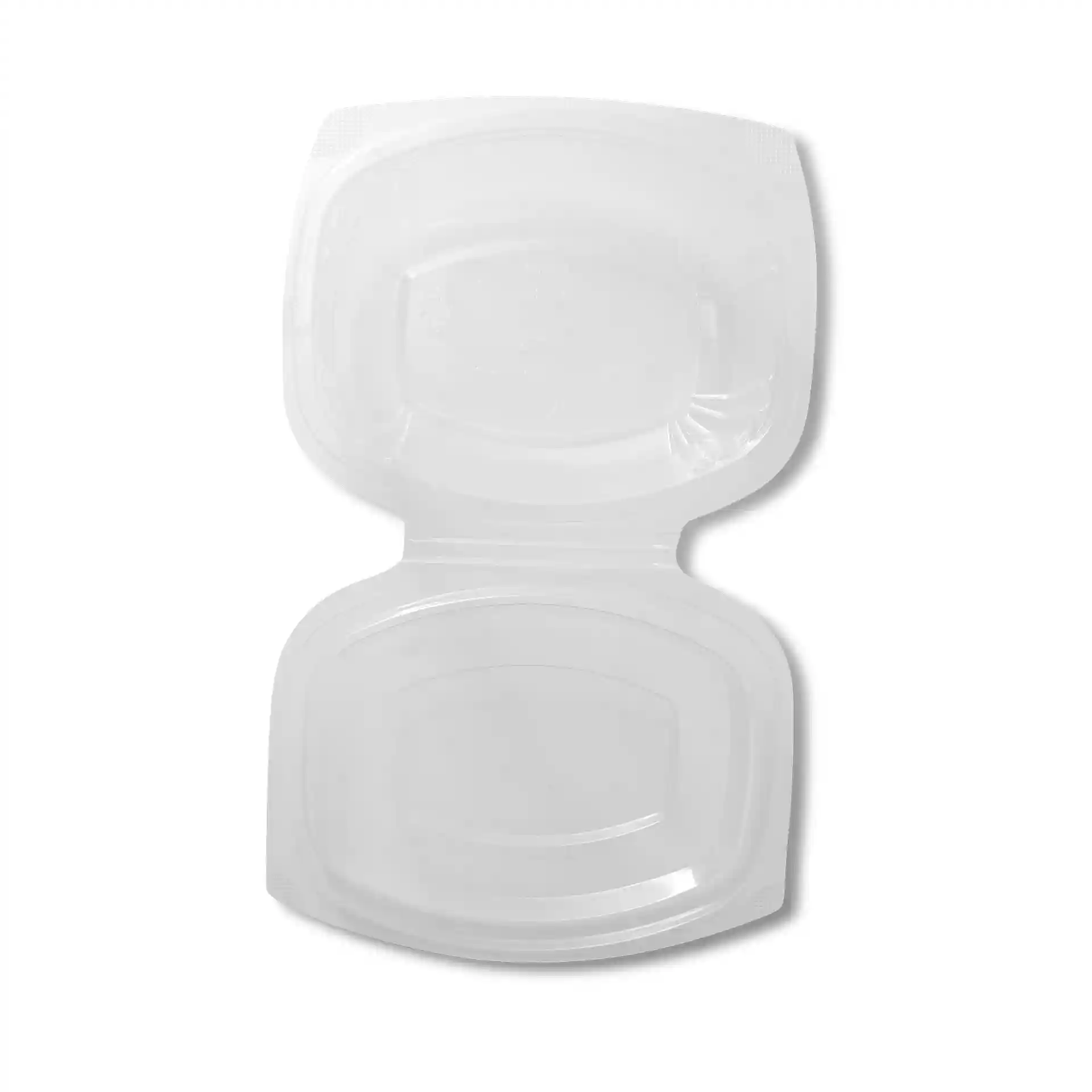 Transparente rechteckige PLA-Delischale mit einem faltbaren Deckel, 160 mm lang und 130 mm breit.