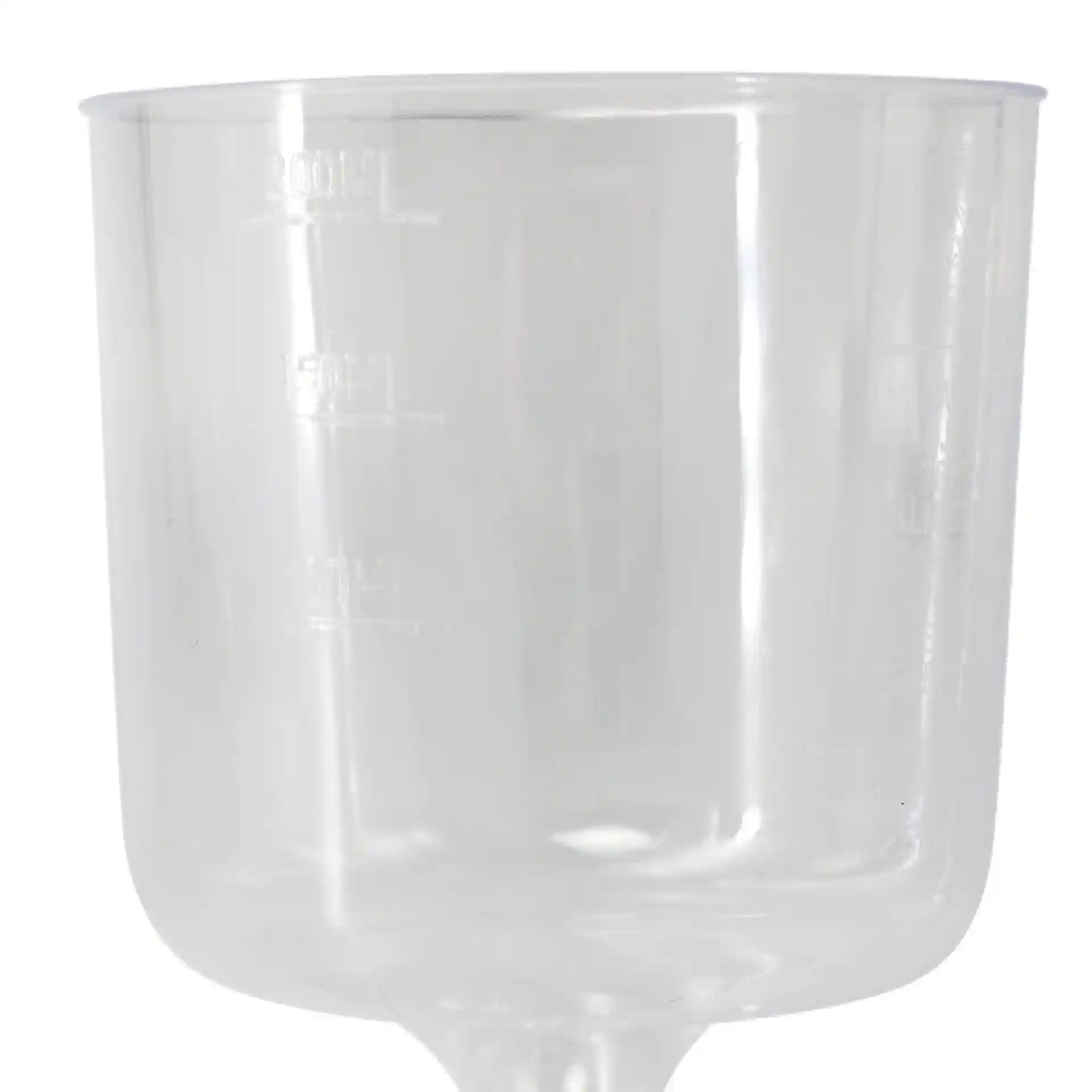 Transparent reusable wine glass with a 200 ml capacity, showing measurement markings on the side.
