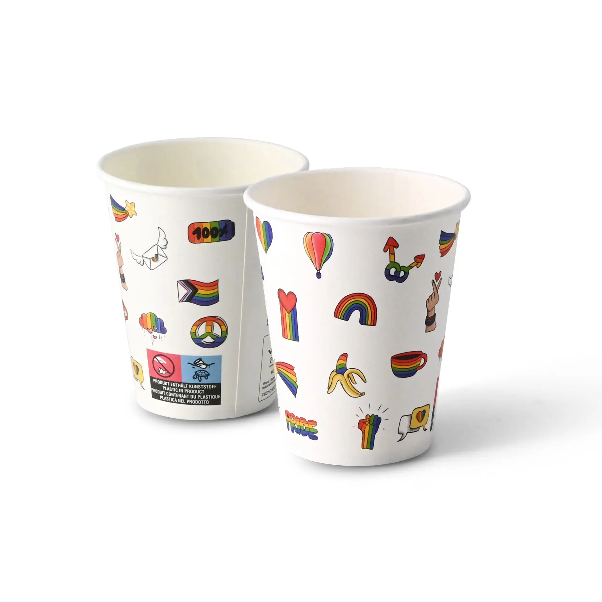 Two 8 oz paper cups with various colorful pride-themed illustrations on a white background.