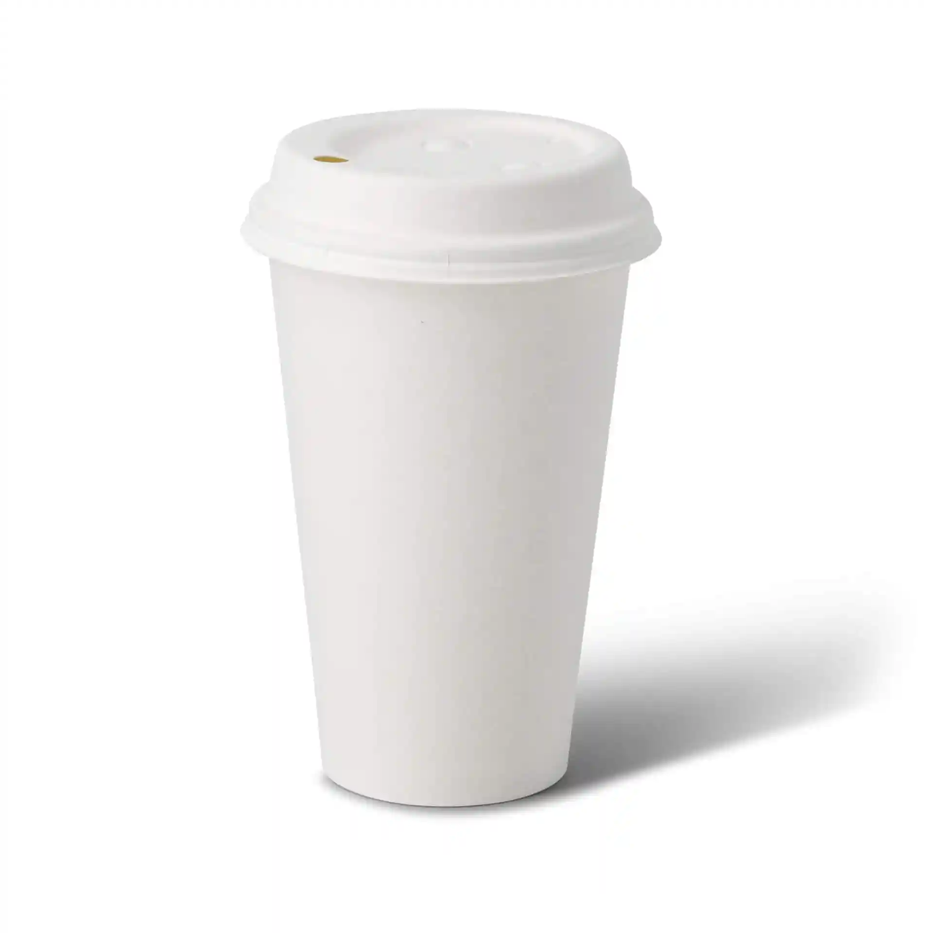 White paper cup with a round shape, 16 oz capacity, and a coated surface, featuring a lid with two holes.