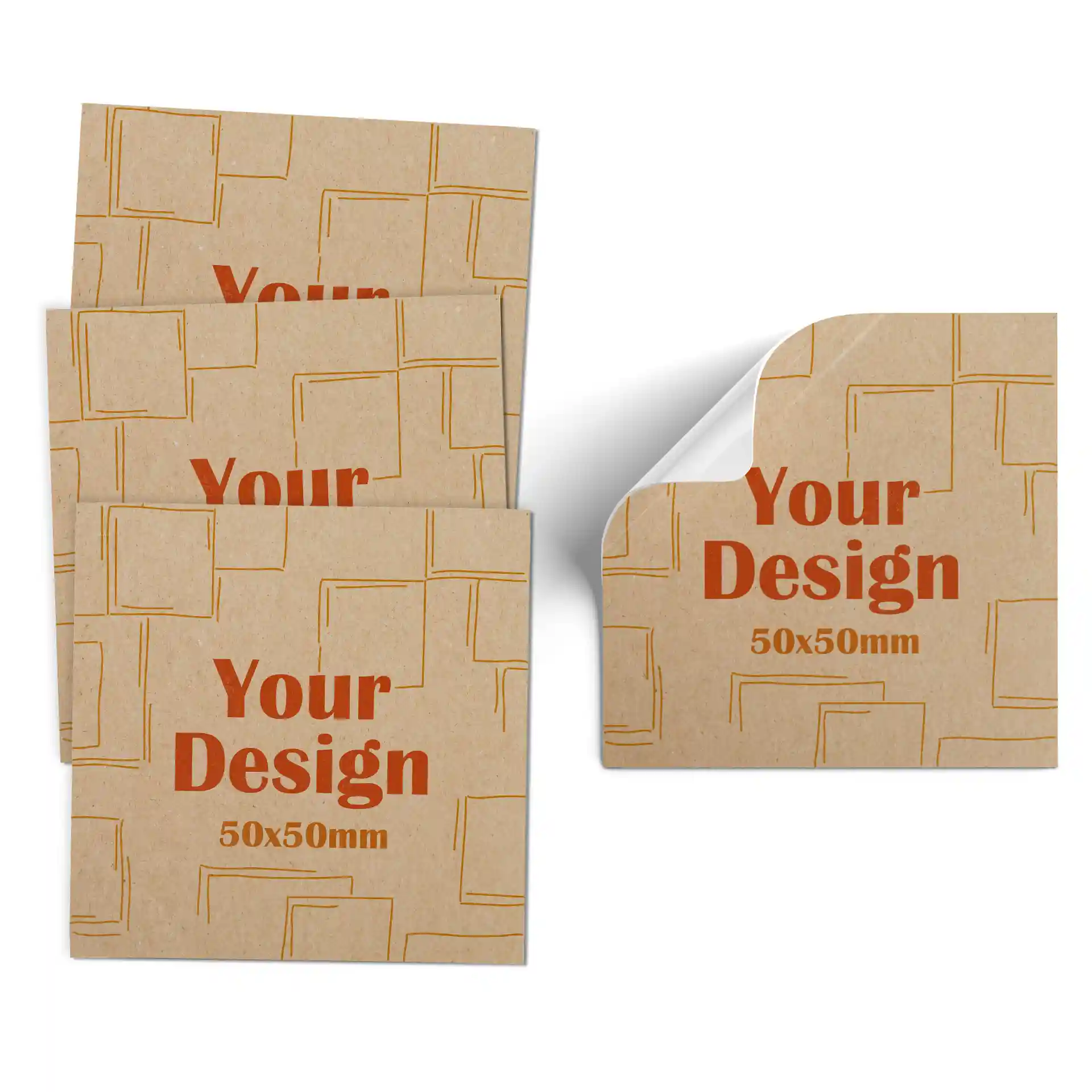 Square printed labels on brown kraft paper, measuring 50 x 50 mm, with a design featuring outlines and text.