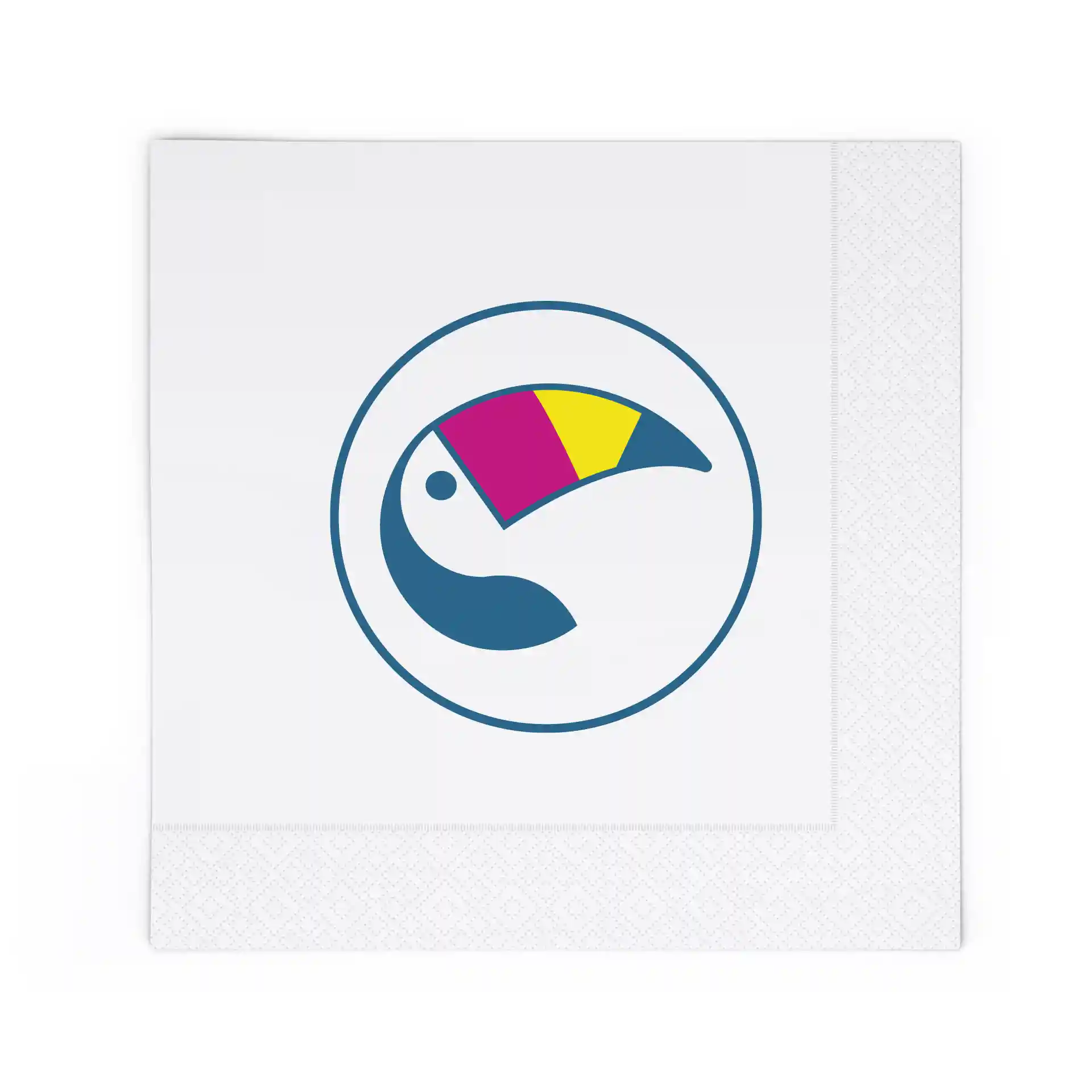 Printed napkin featuring a circular design with a colorful toucan illustration on a white background.