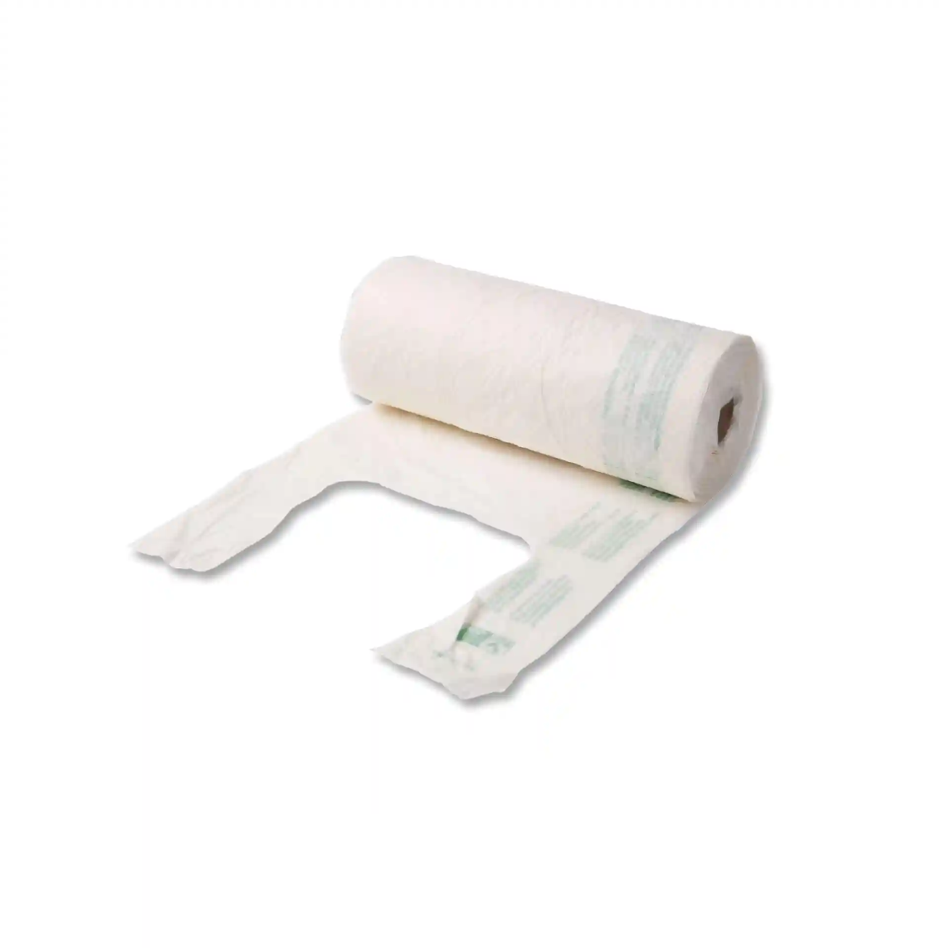 Roll of Mater-Bi® bags, 22 x 13 cm, with several bags partially unrolled, on a plain background.