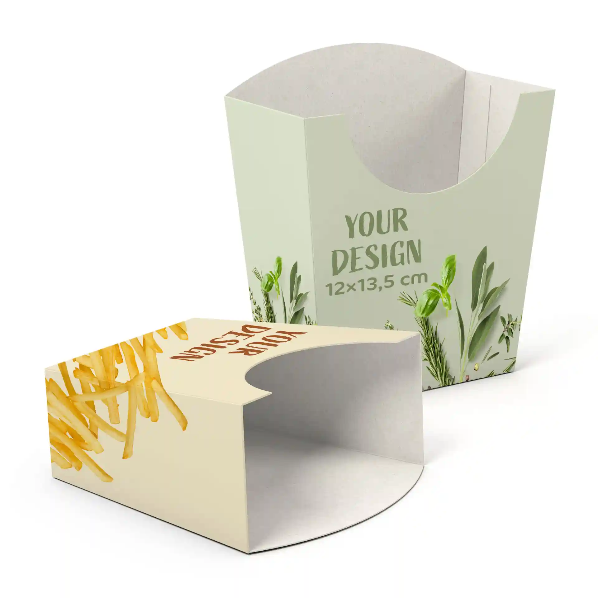 Image of two custom-printed french fry scoops, one with a design featuring fries and the other with a green plant design.