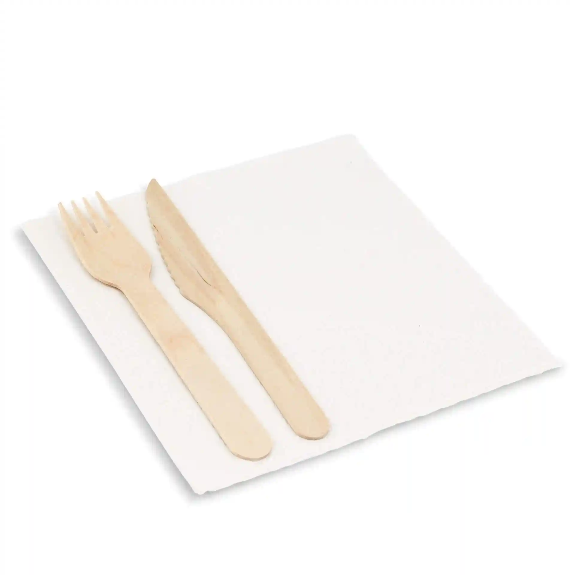 Set of wooden cutlery including a fork and knife on a white 2-ply napkin.