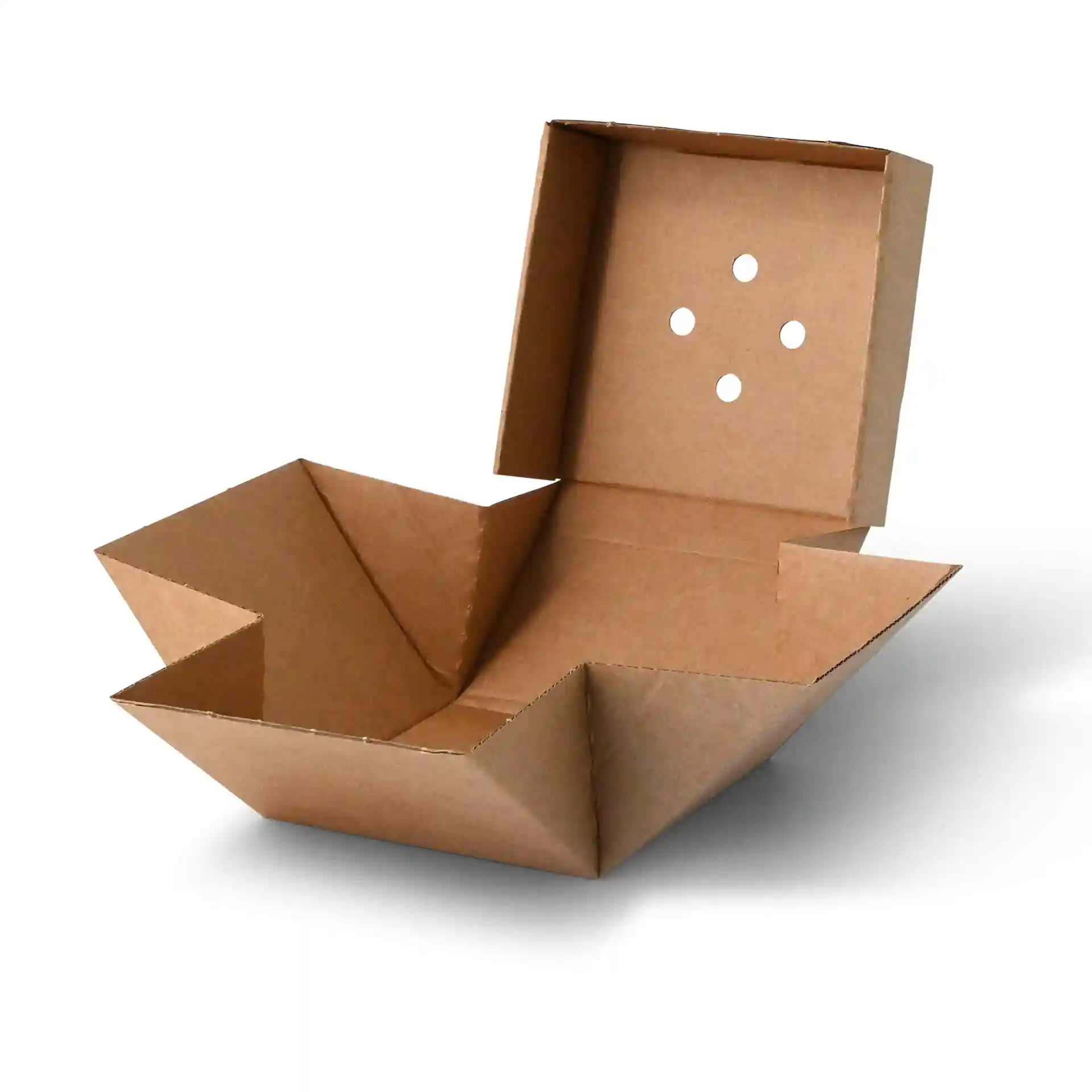 Faltbare braune Pappburgerbox in quadratischer Form mit fünf Belüftungsöffnungen im Deckel.