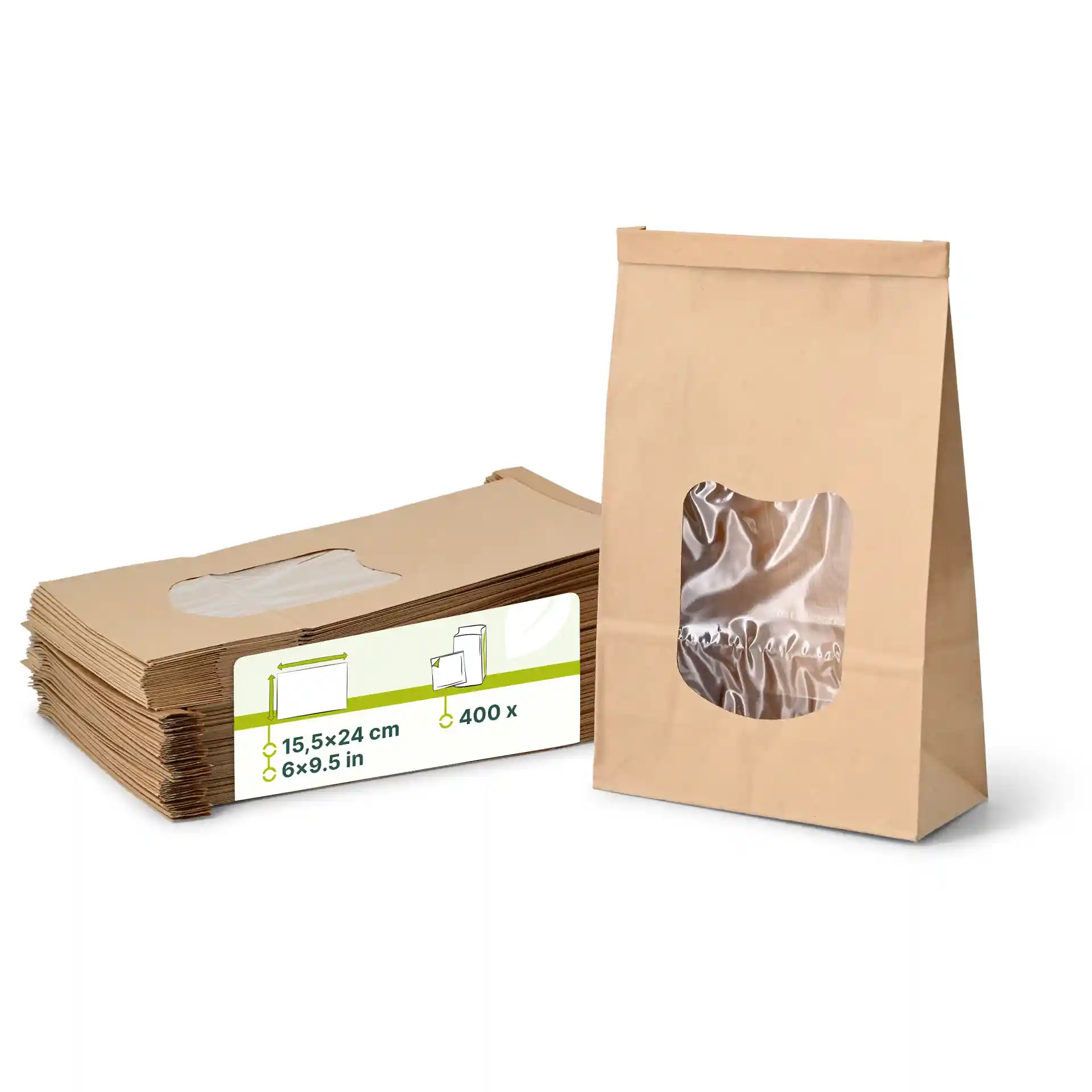 Brown block bottom bag with a transparent window, measuring 15.5 x 24 cm, displayed with a stack of similar bags.