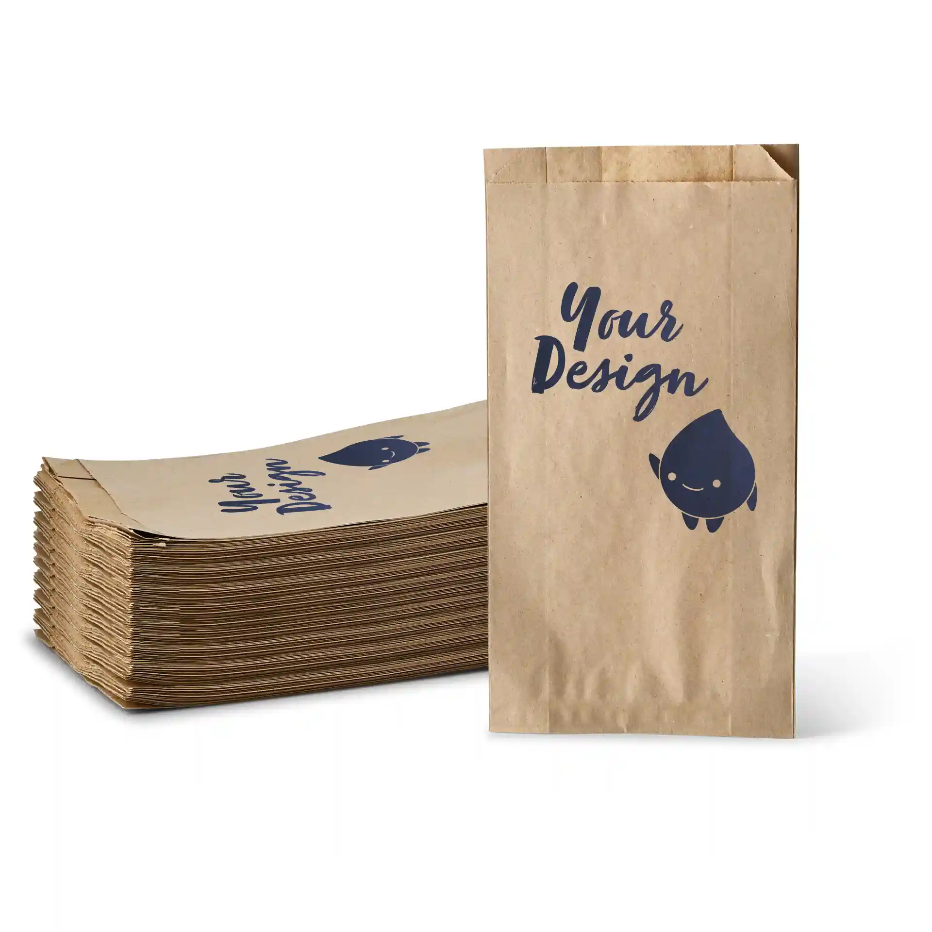 Brown printed bread bags with a design featuring text and a character, stacked with one bag upright.