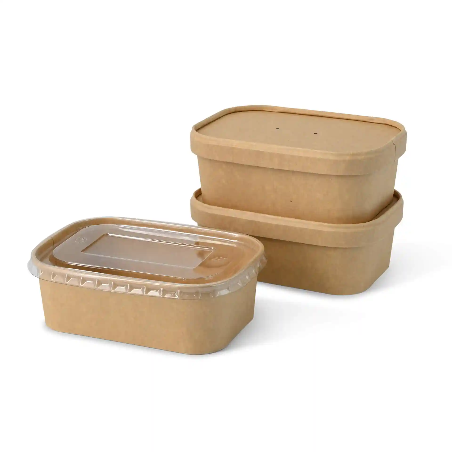 Three rectangular kraft food containers, one with a clear lid, displayed on a plain background.