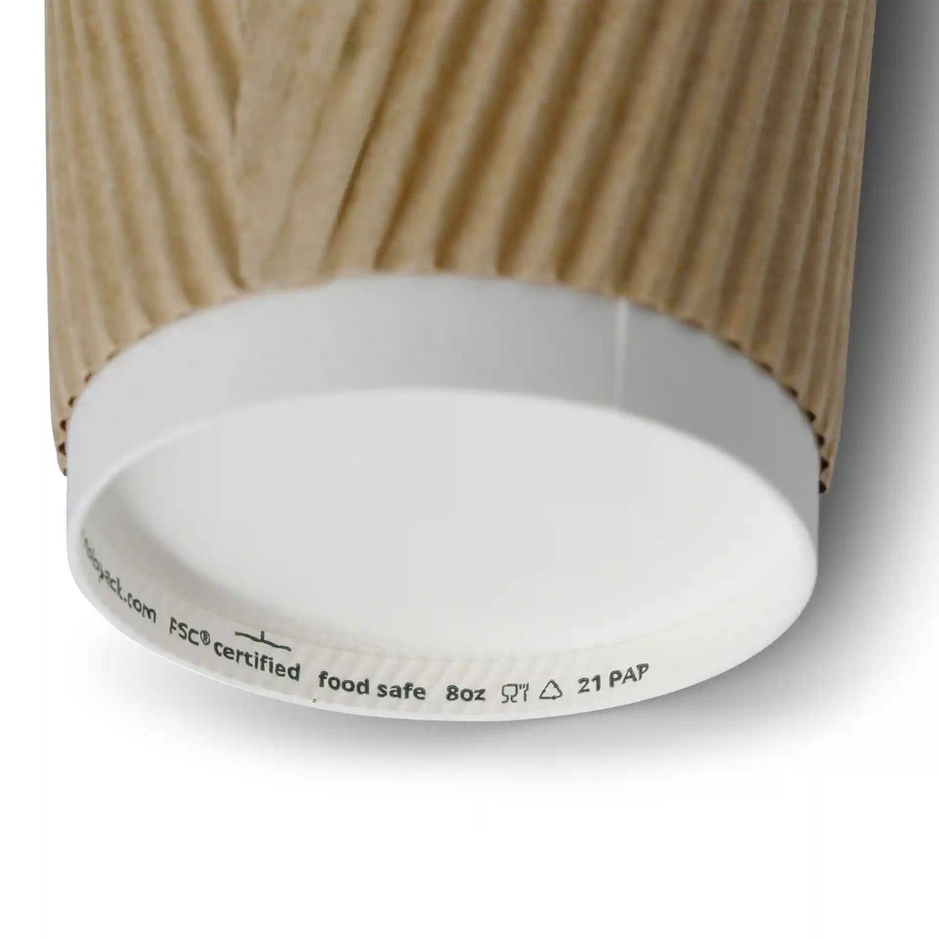 Image of a brown ripple coffee cup with a white inner lining, showing the bottom with markings and a diameter of 80 mm.