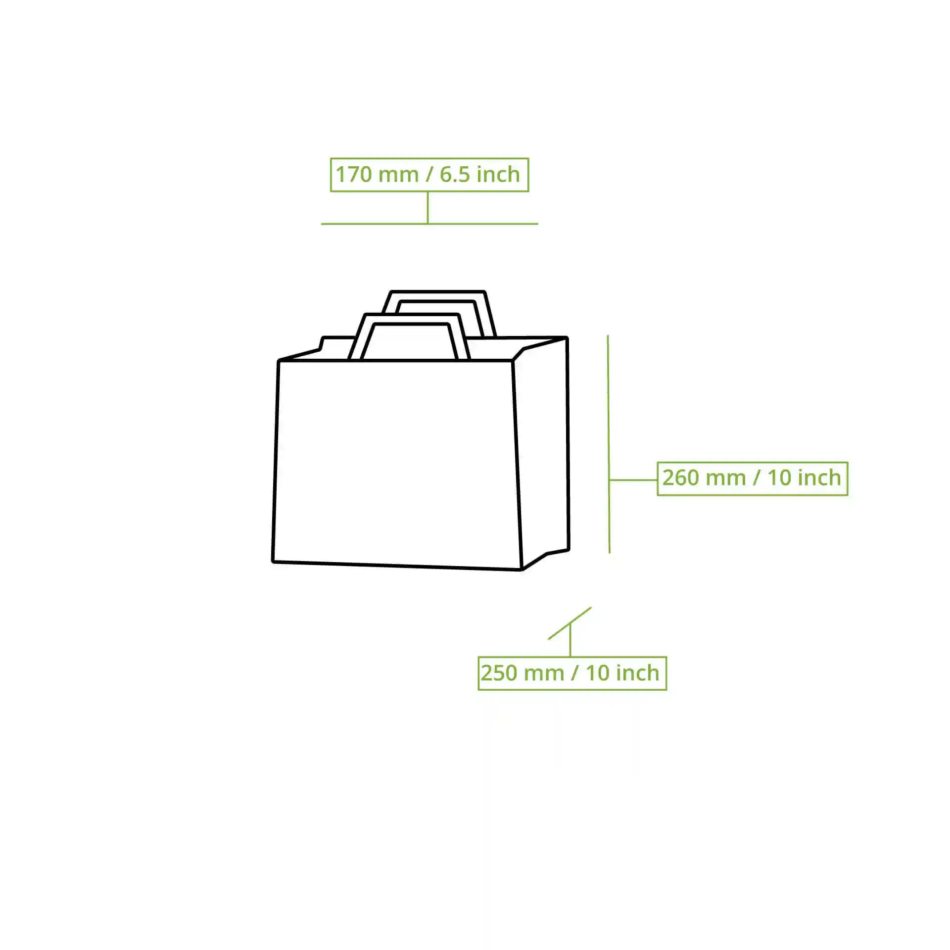 Schematic drawing of a kraft paper carrier bag with dimension lines indicating height, width, and length.