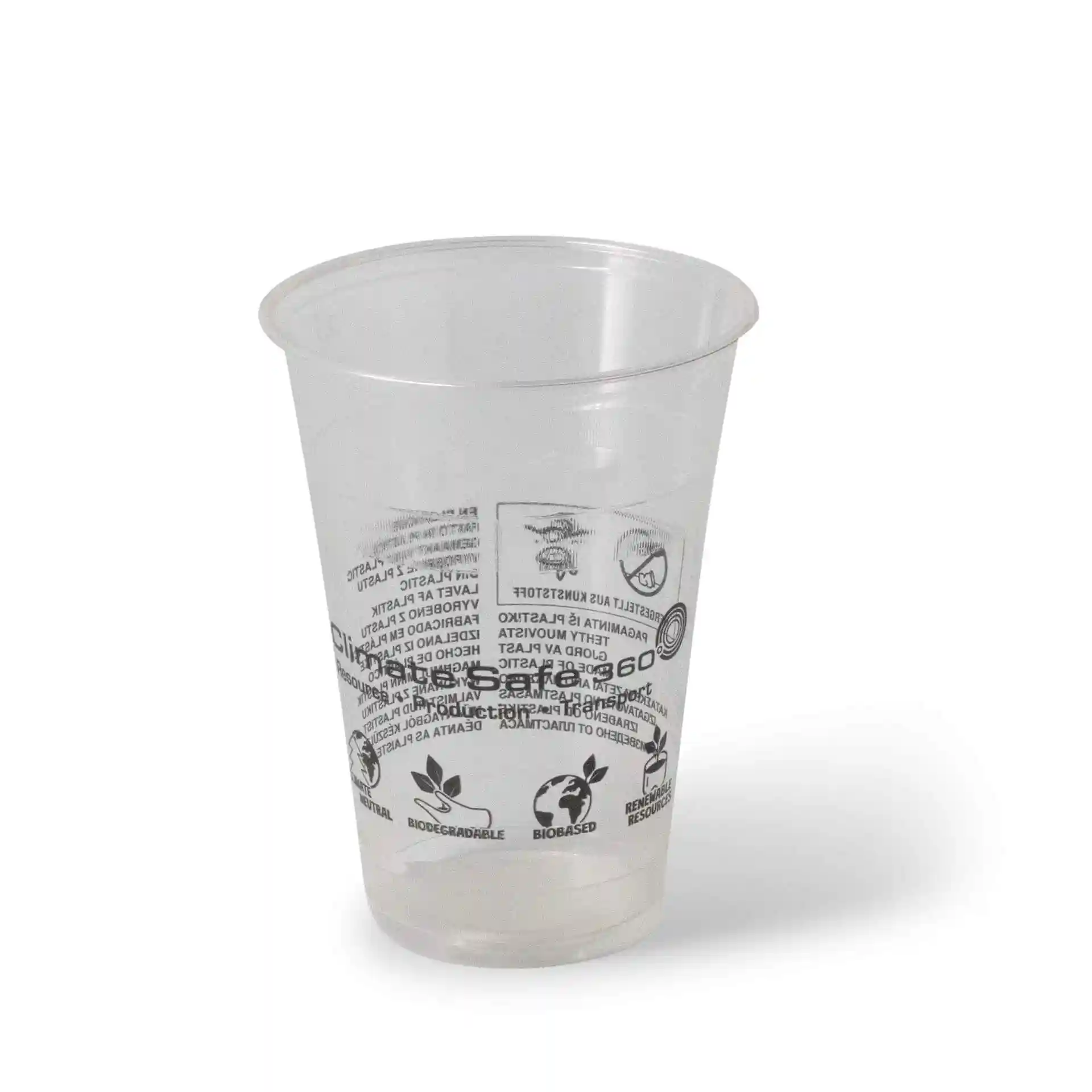 Transparenter 16 oz PLA Smoothie-Becher mit einem Durchmesser von 96 mm und bedruckten Markierungen auf der Oberfläche.