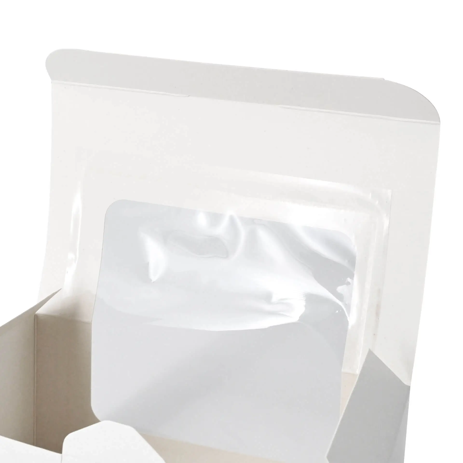 Weiße Cupcake-Box mit einer Zellulosefenster und zwei Fächern für Backwaren innen.