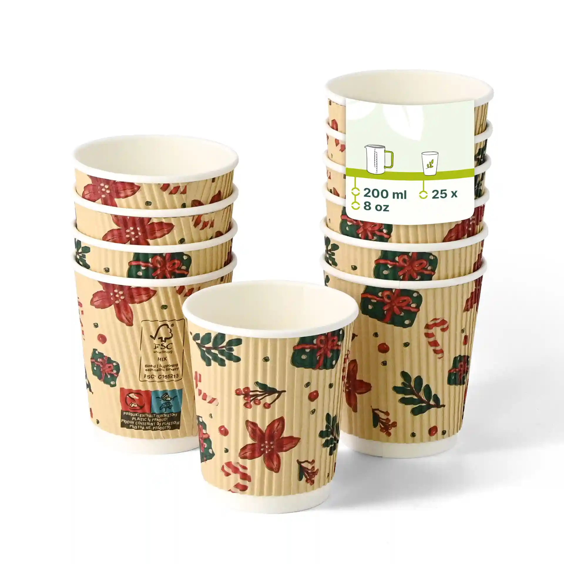 Stapel von acht 8 oz Bechern mit Winterdesign, floralen und Geschenkmotiven auf braunem Hintergrund.