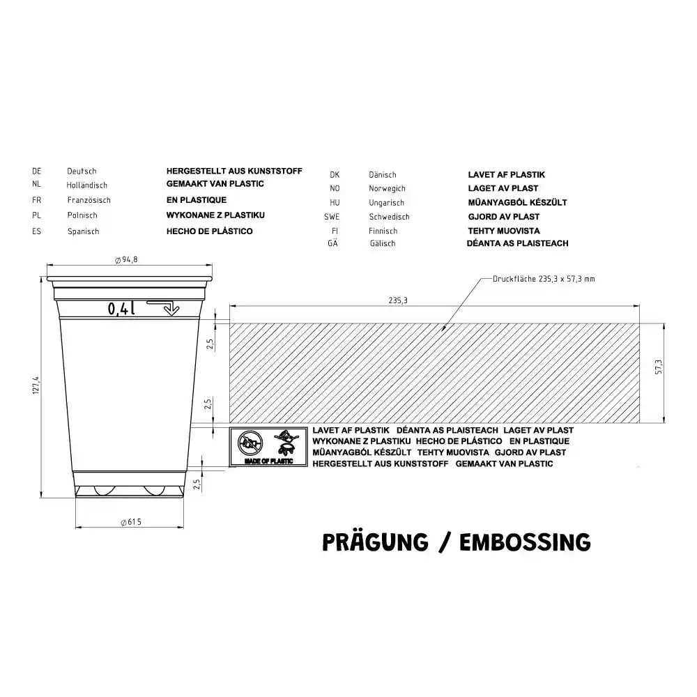 Schematische Zeichnung eines 16 oz transparenten Plastikbechers mit Maßen und Markierungen.