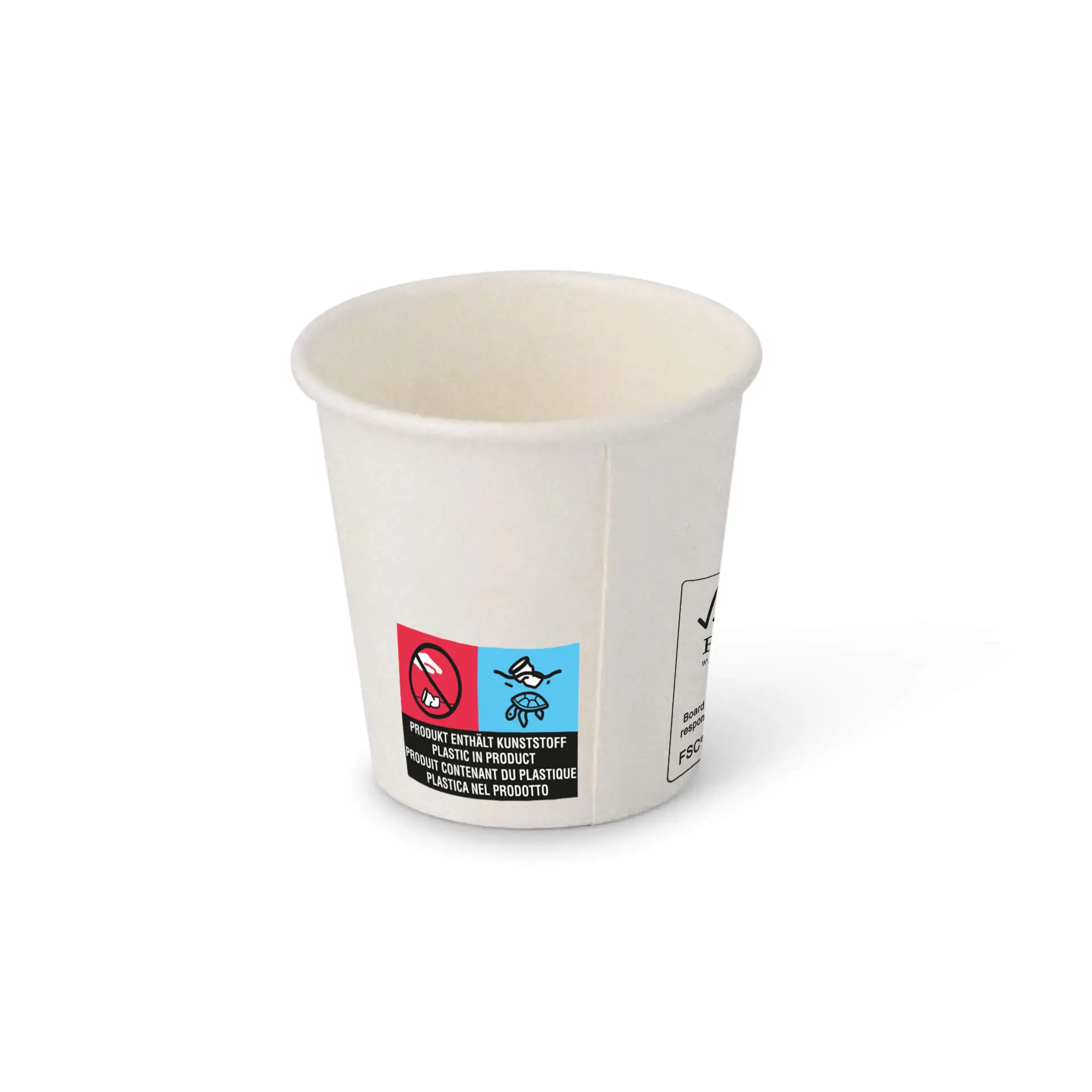 One white 2 oz paper cup with PE coating; features safety and recyclable symbols on its side.