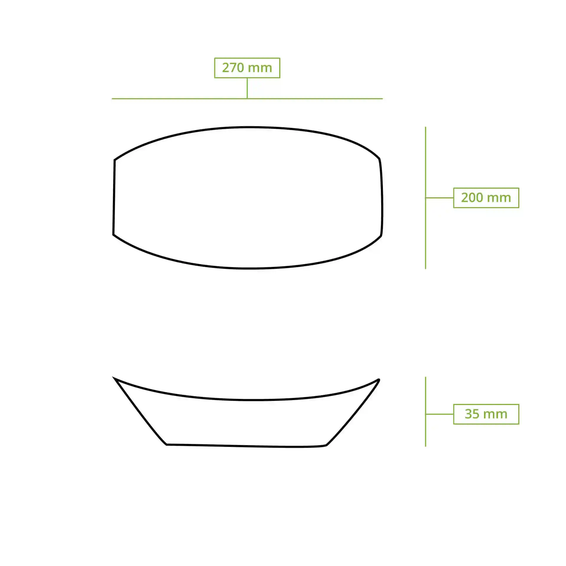 Schematic drawing of a rectangular tray with dimensions 270 mm length, 200 mm width, and 35 mm height.