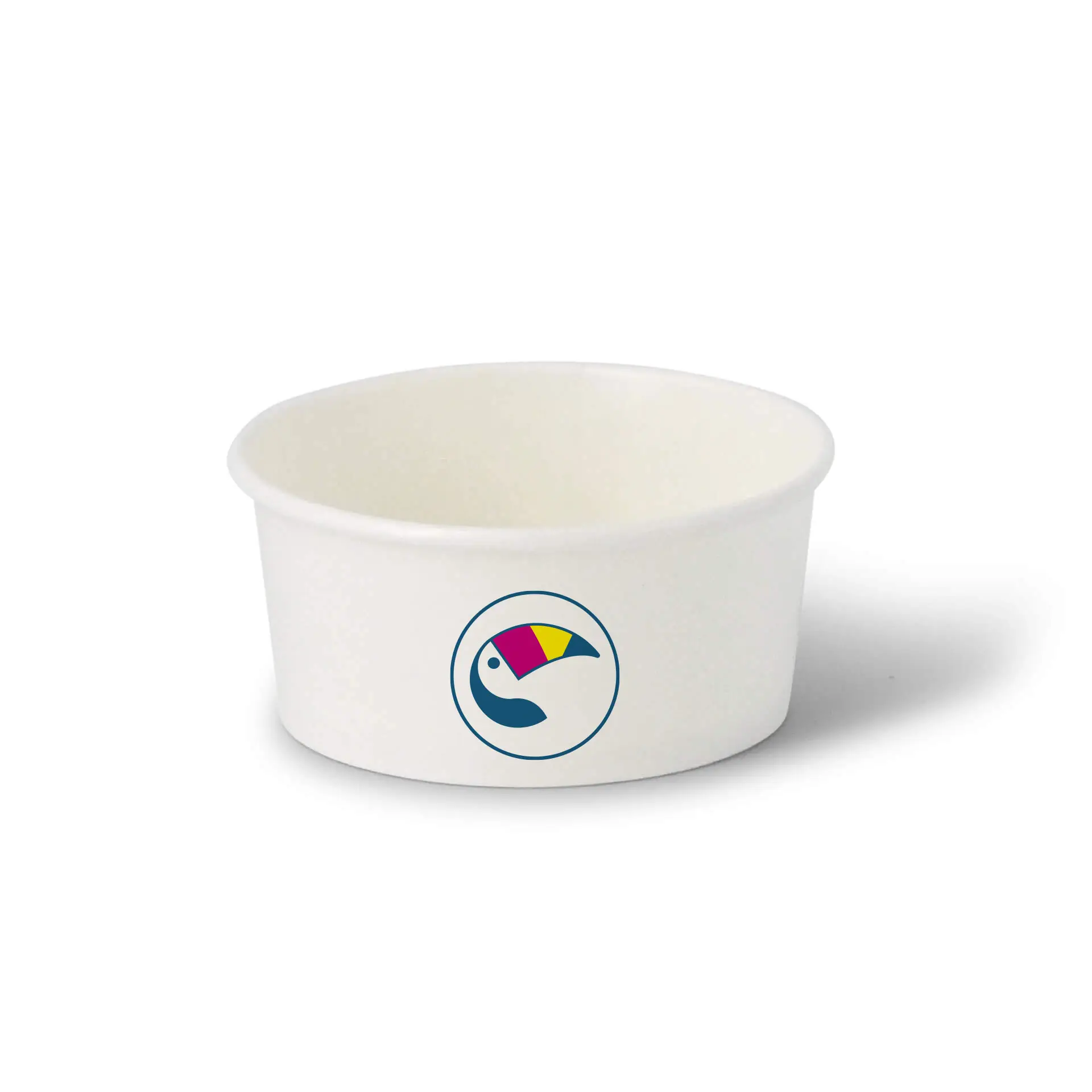 White ice cream cup featuring a colorful logo; designed for customizable branding with optional secure lid.