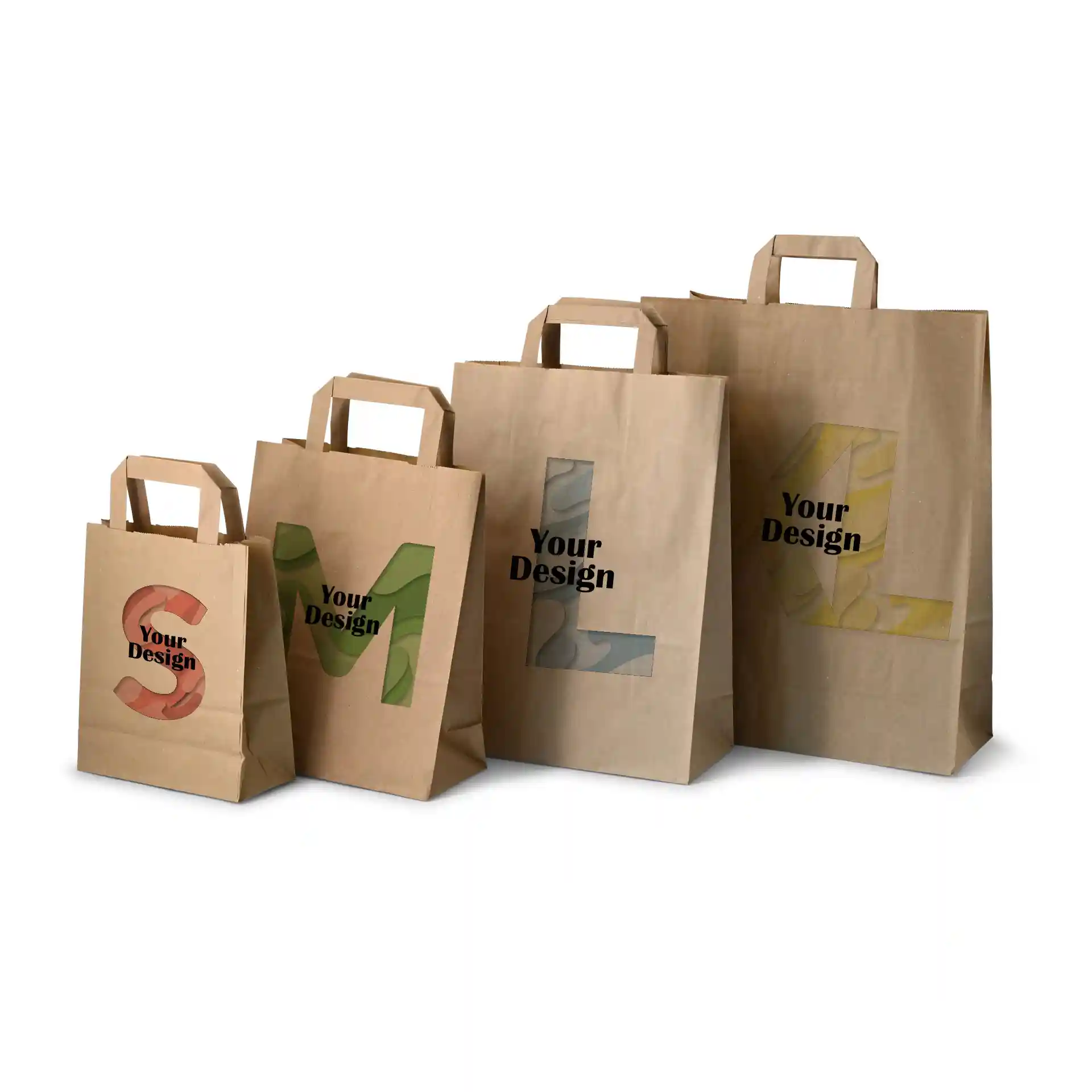 Four brown paper carrier bags of varying sizes, labeled S, M, L, and XL, with a design area on each.