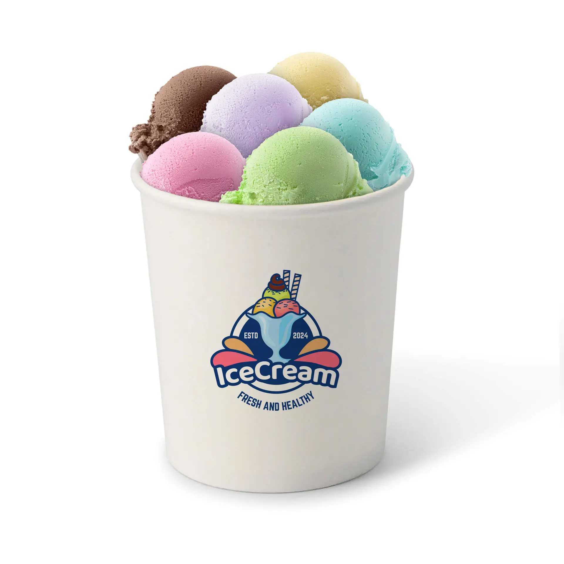 White ice cream cup filled with multiple scoops of colorful ice cream, featuring a logo and a scenic design.