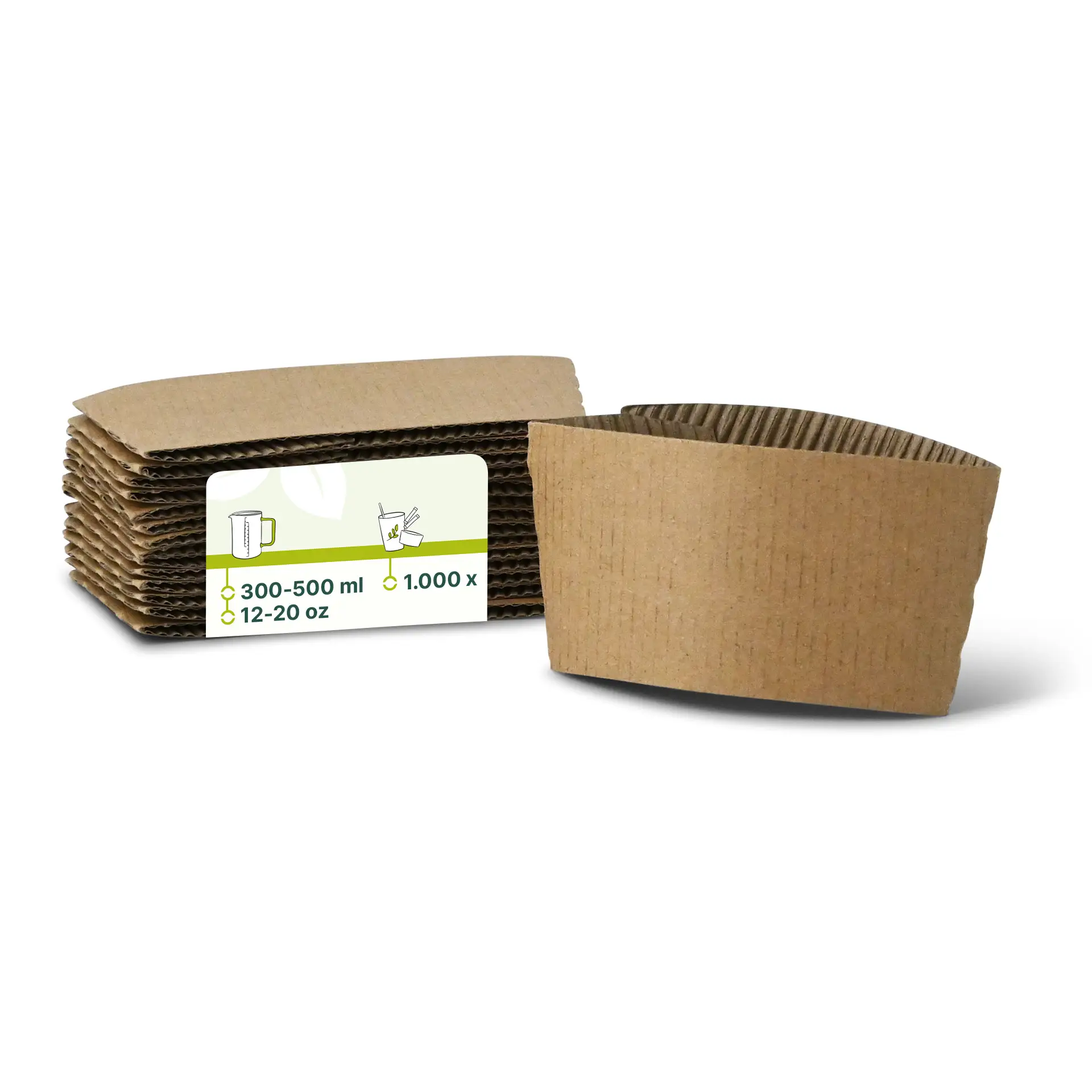 Braune Pappbecherhülsen für 300-500 ml Papierbecher, mit einer Höhe von 65 mm und einer Breite von 130 mm.